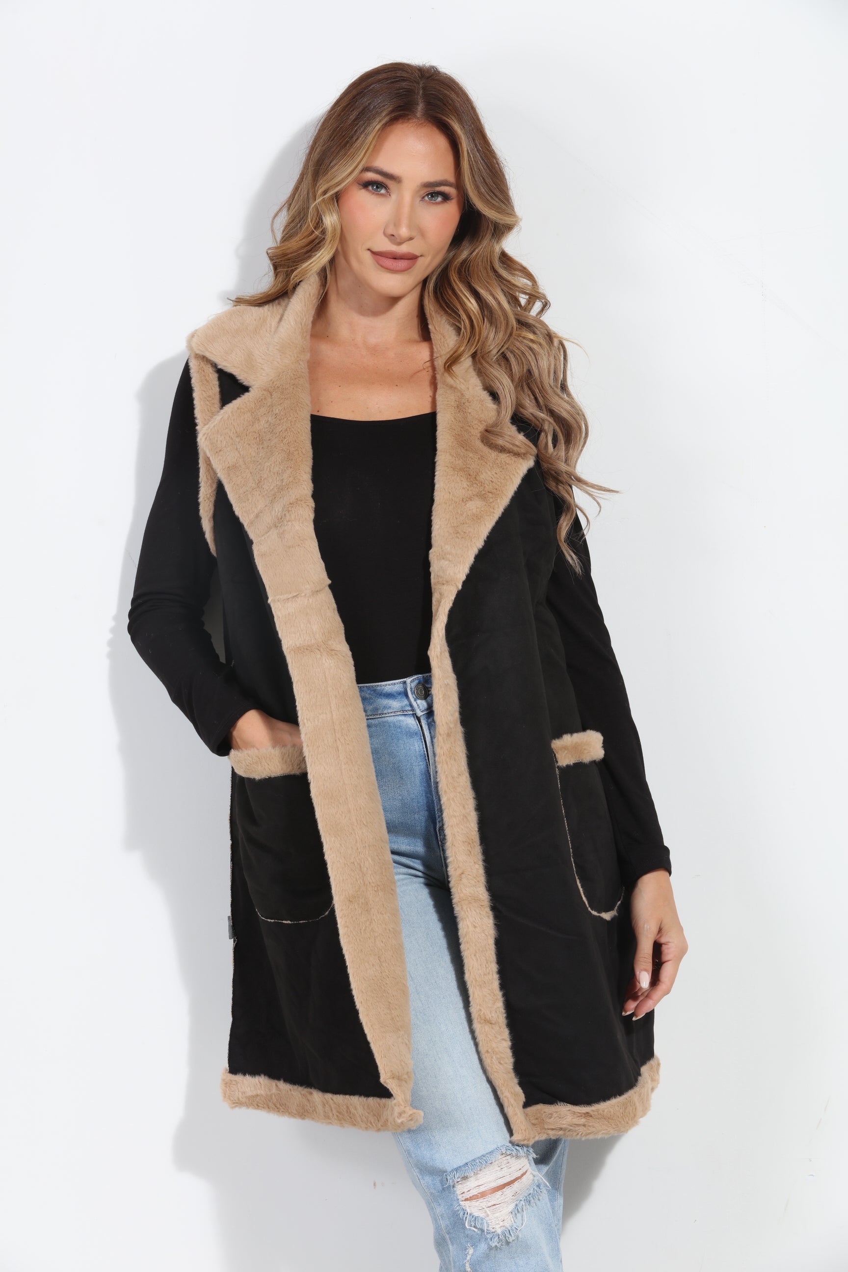 Black/Tan Faux Suede Vest-BEST SELLER