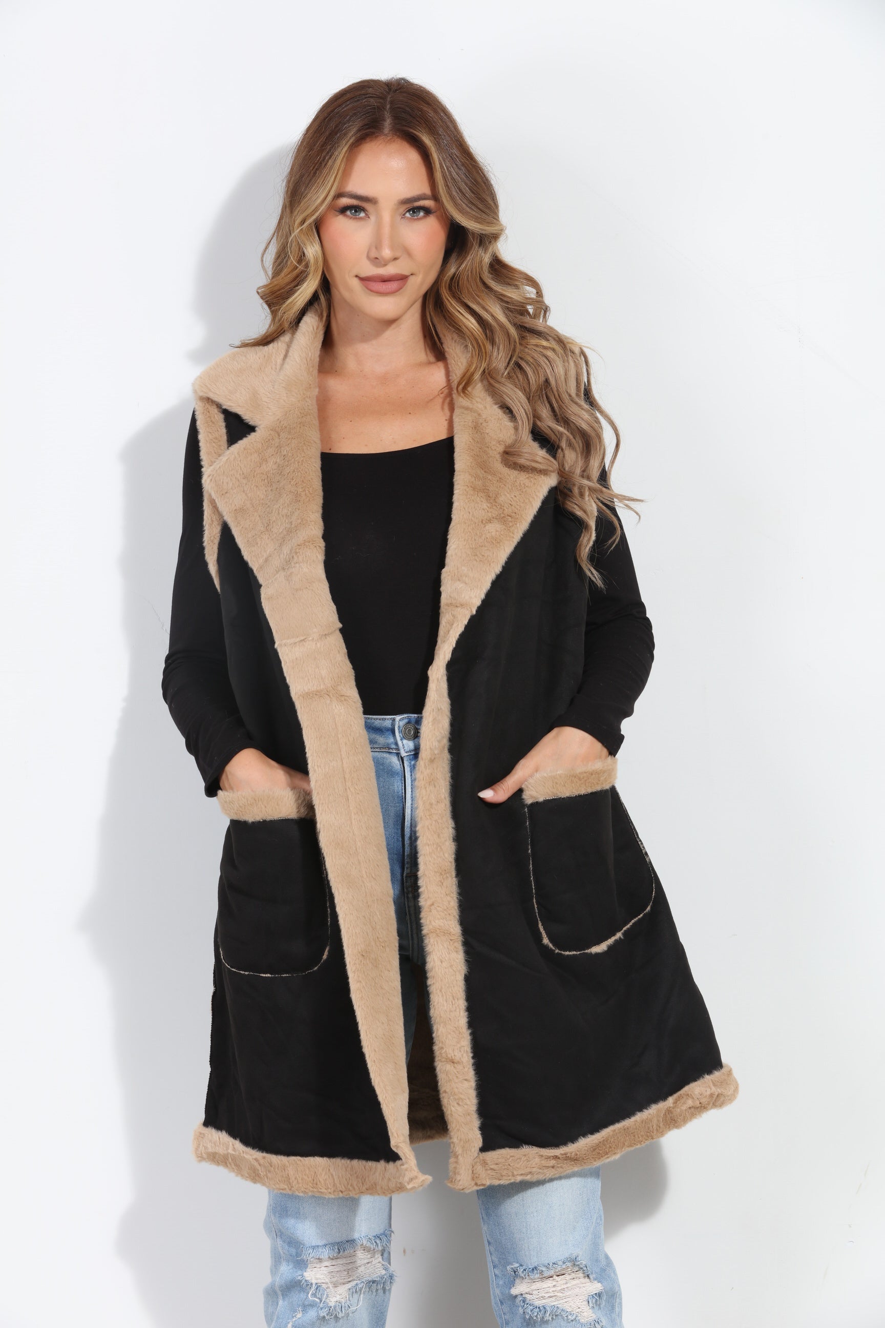 Black/Tan Faux Suede Vest-BEST SELLER