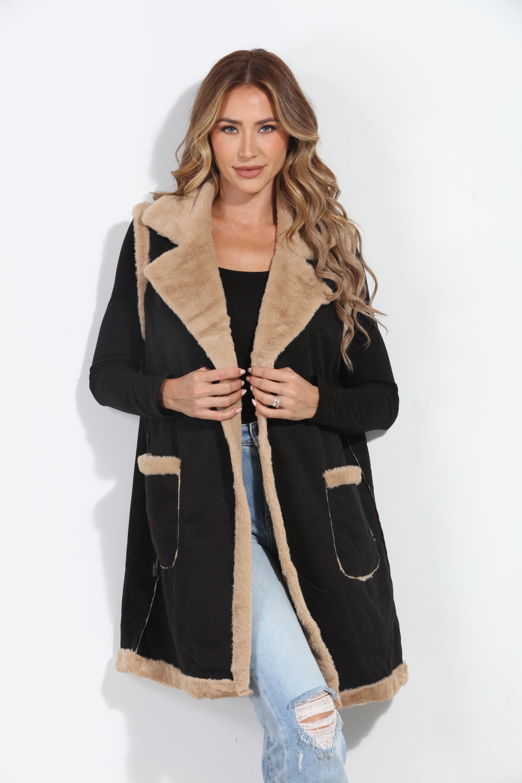 Black/Tan Faux Suede Vest-BEST SELLER