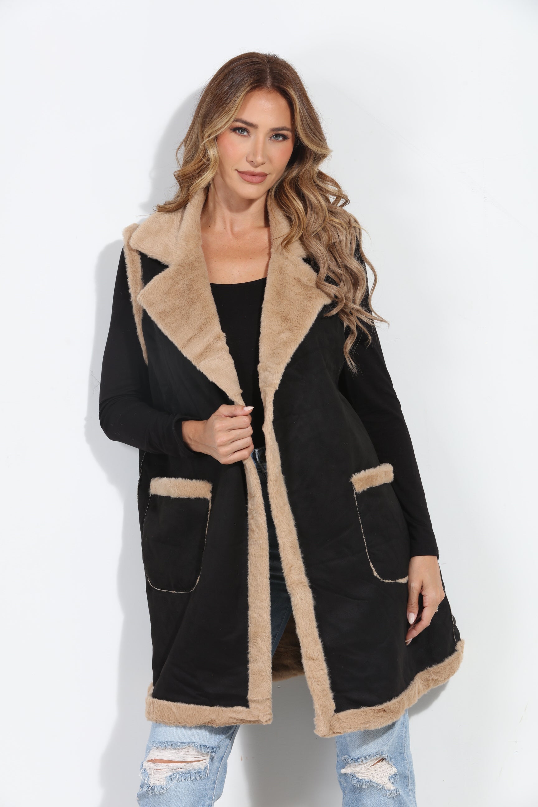 Black/Tan Faux Suede Vest-BEST SELLER