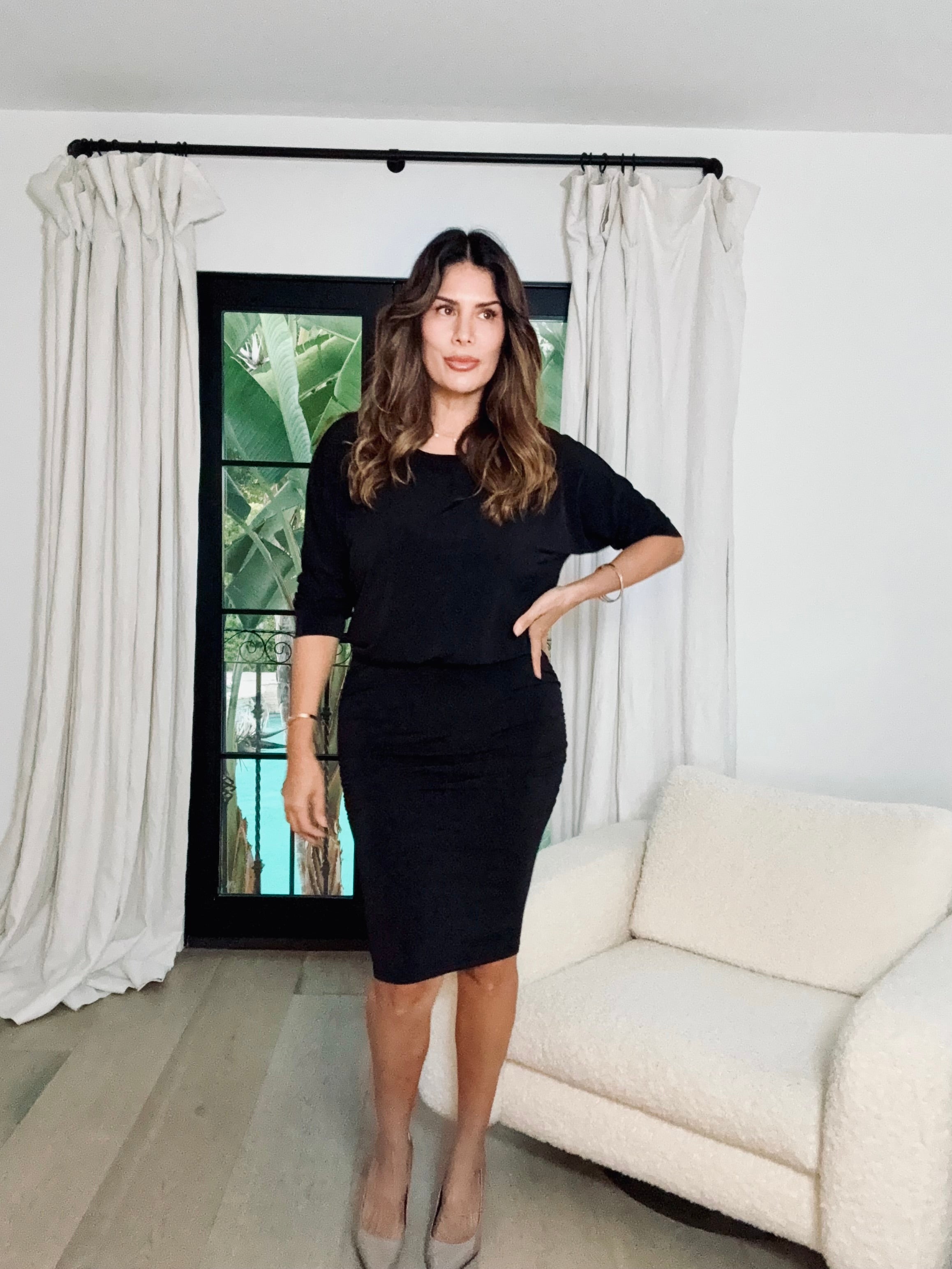 Black OTS Stretch Midi Dress-BEST SELLER