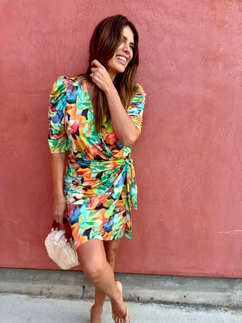 Giada Stretch Shirred Puff Sleeve Faux Wrap Dress-BEST SELLER