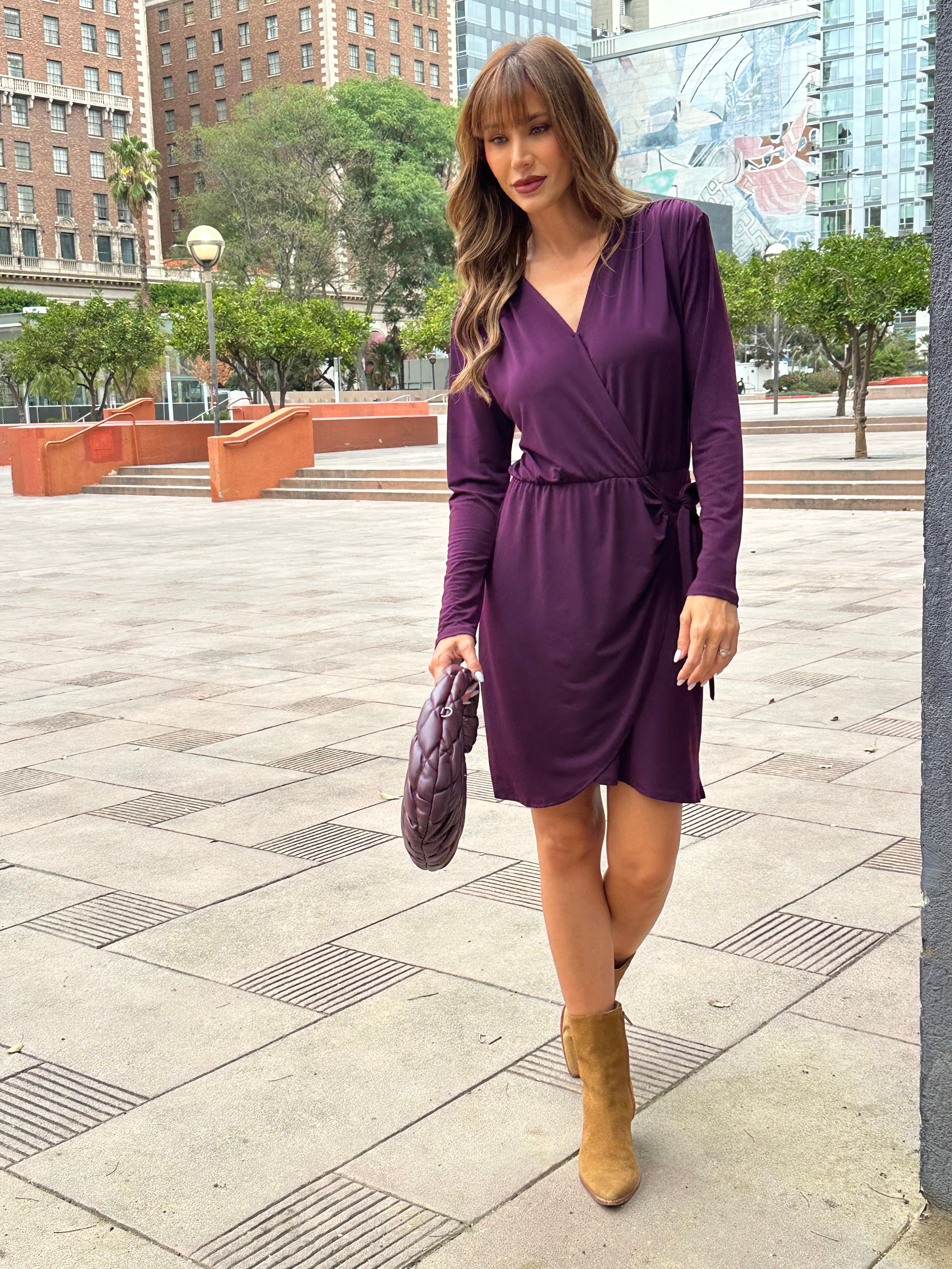 Eggplant Stretch Faux Wrap Dress-BEST SELLER