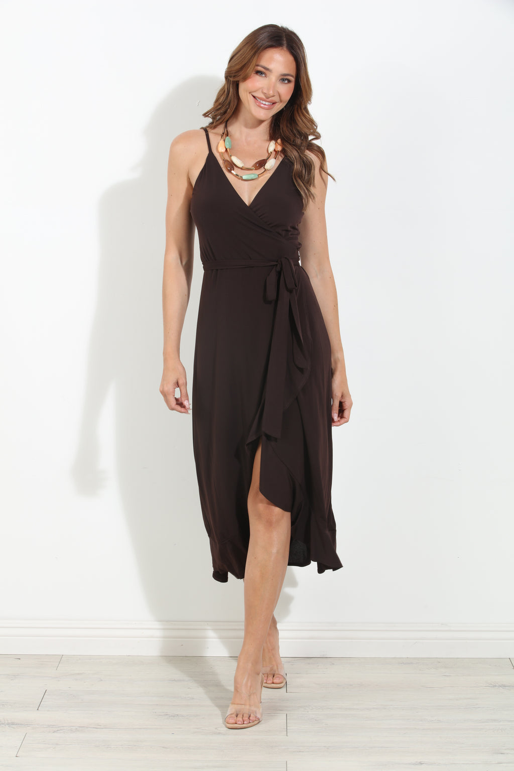 Chocolate Spaghetti Wrap Midi Dress-BEST SELLER