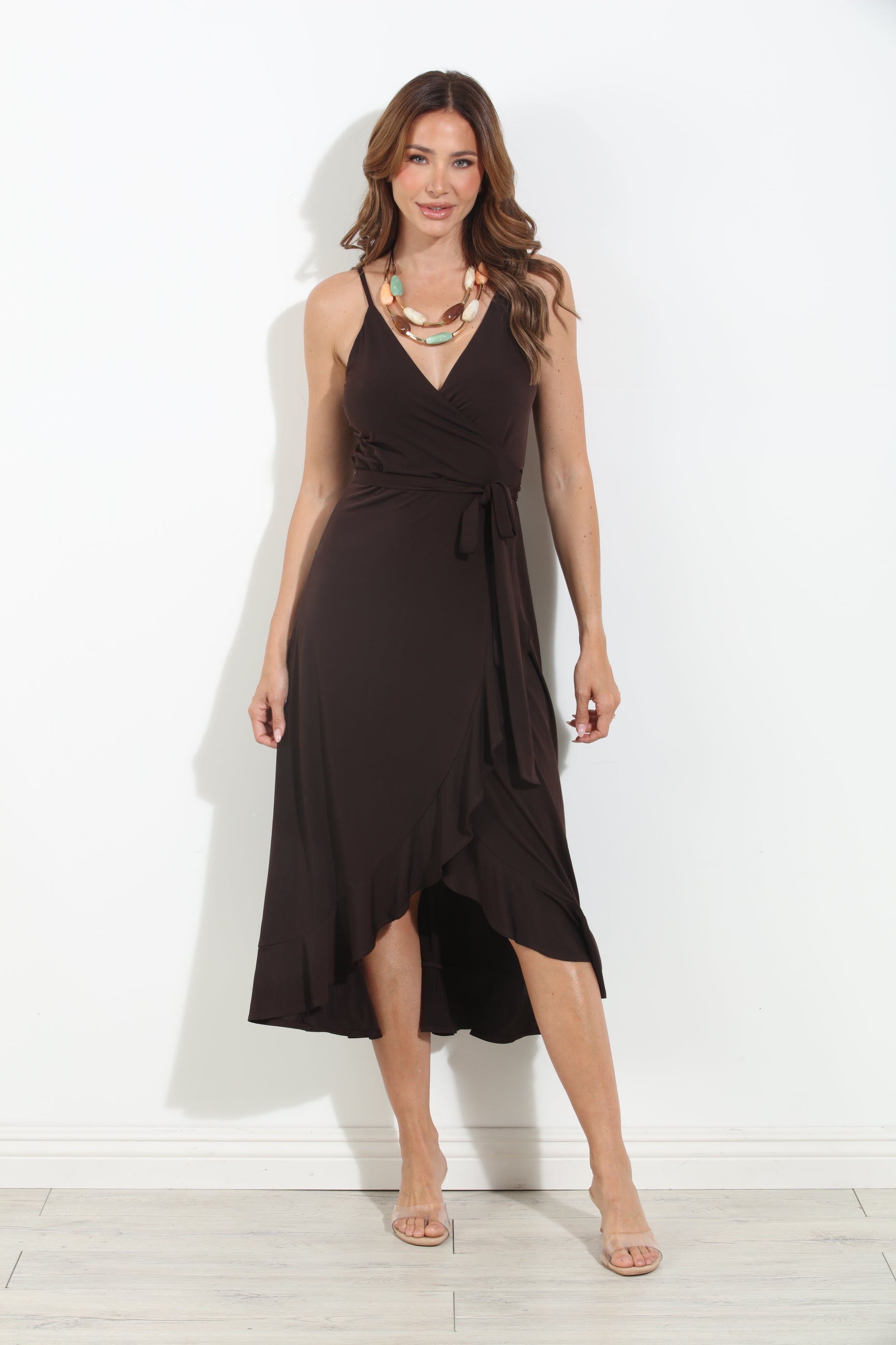 Chocolate Spaghetti Wrap Midi Dress-BEST SELLER