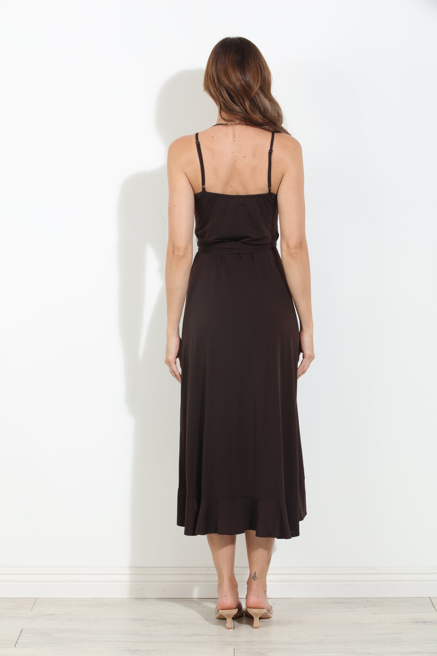 Chocolate Spaghetti Wrap Midi Dress-BEST SELLER
