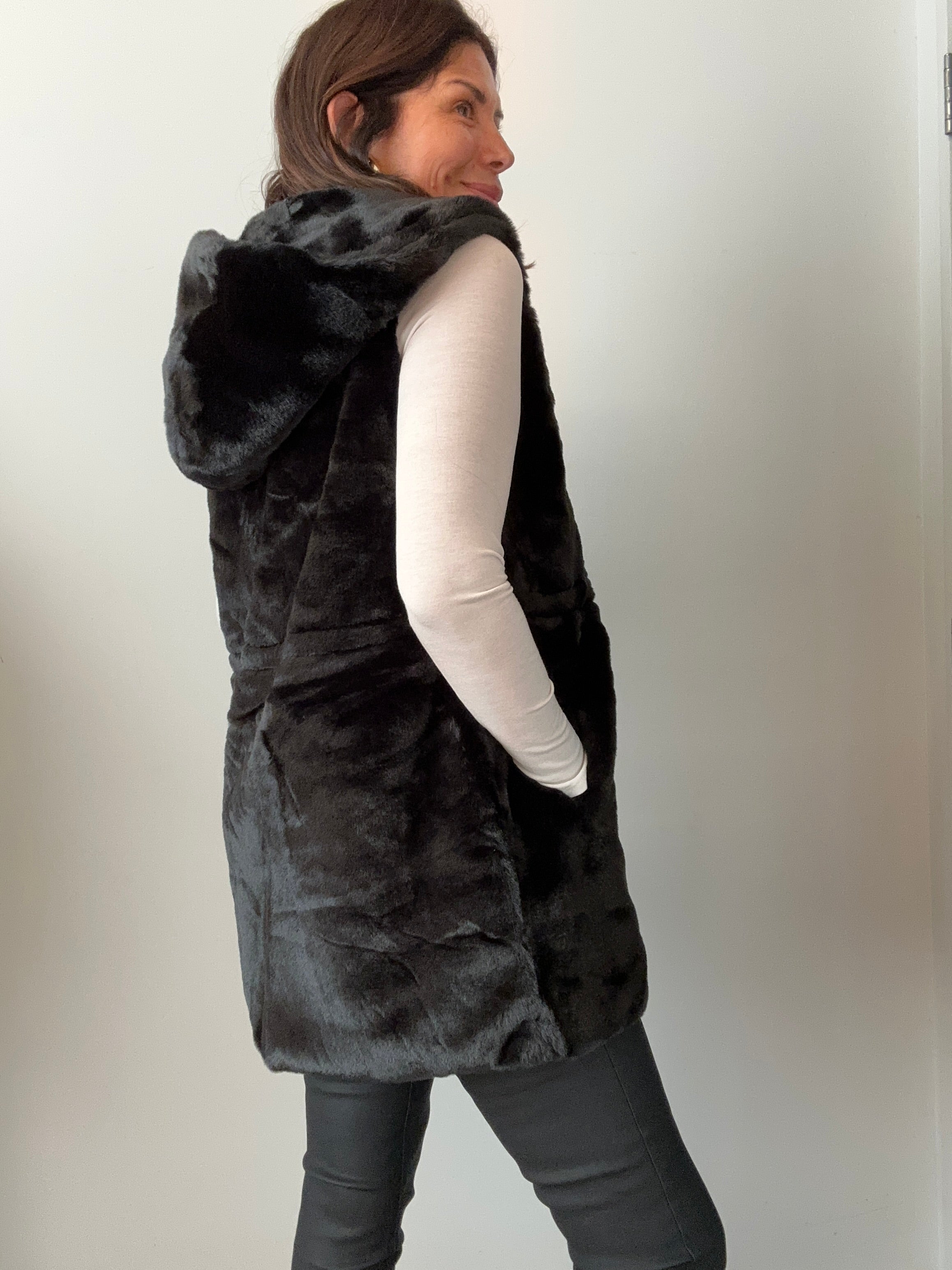 Black Faux Fur Hooded Vest - BEST SELLER