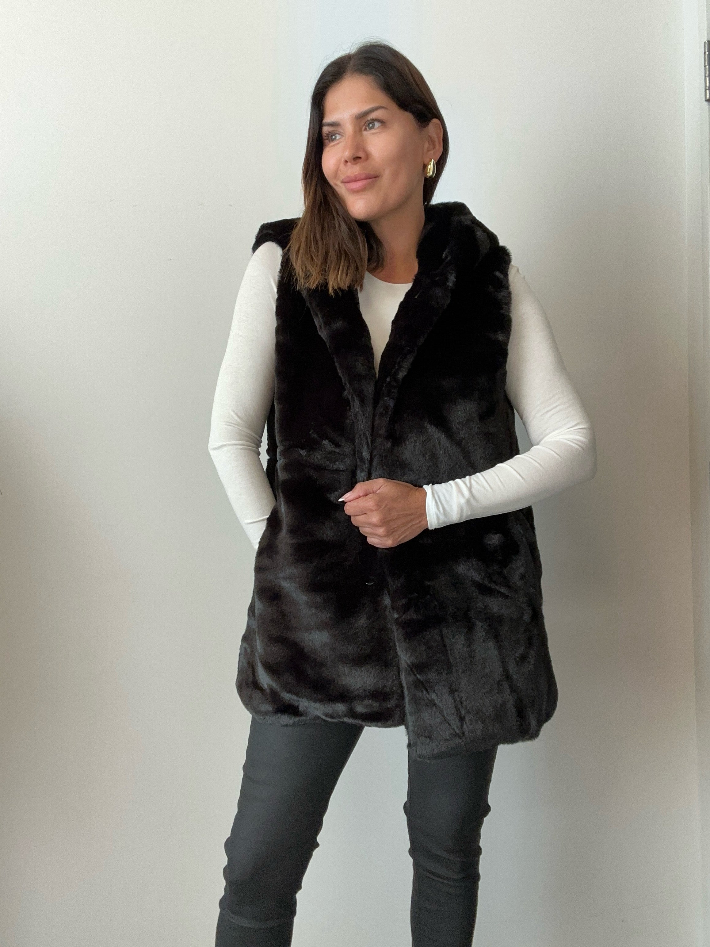 Black Faux Fur Hooded Vest - BEST SELLER