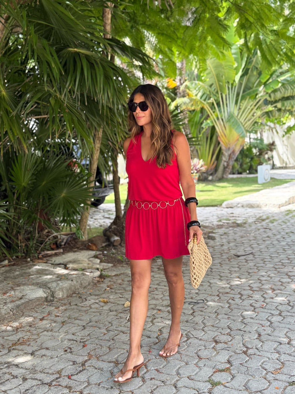 Red Stretch V Neck Tank Dress-BEST SELLER