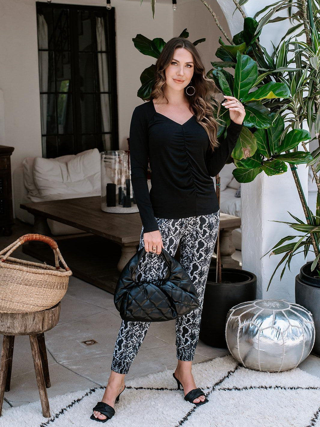 Black Shirred Stretch Long Sleeve Top