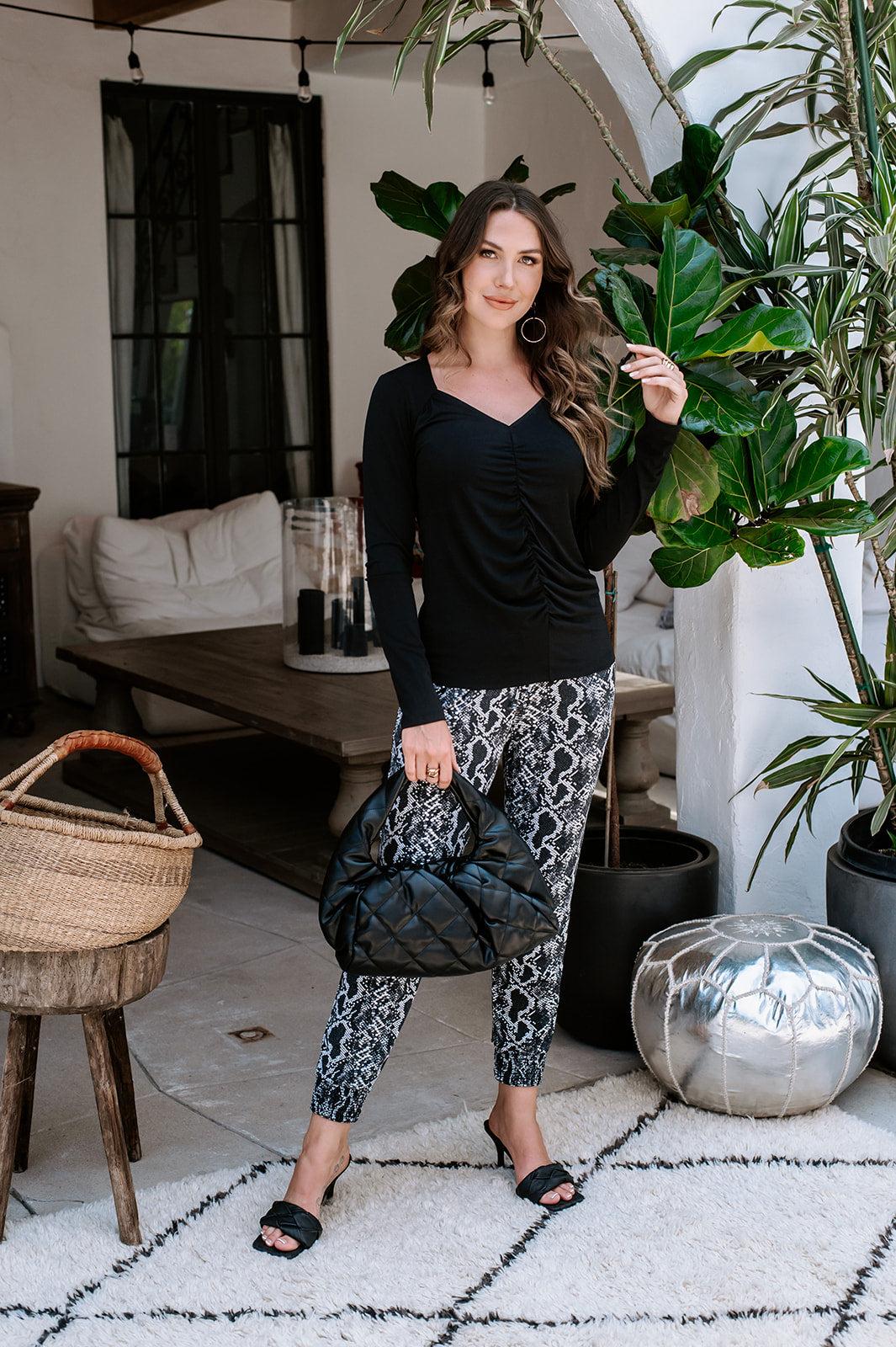 Black Shirred Stretch Long Sleeve Top-FINSL SALE