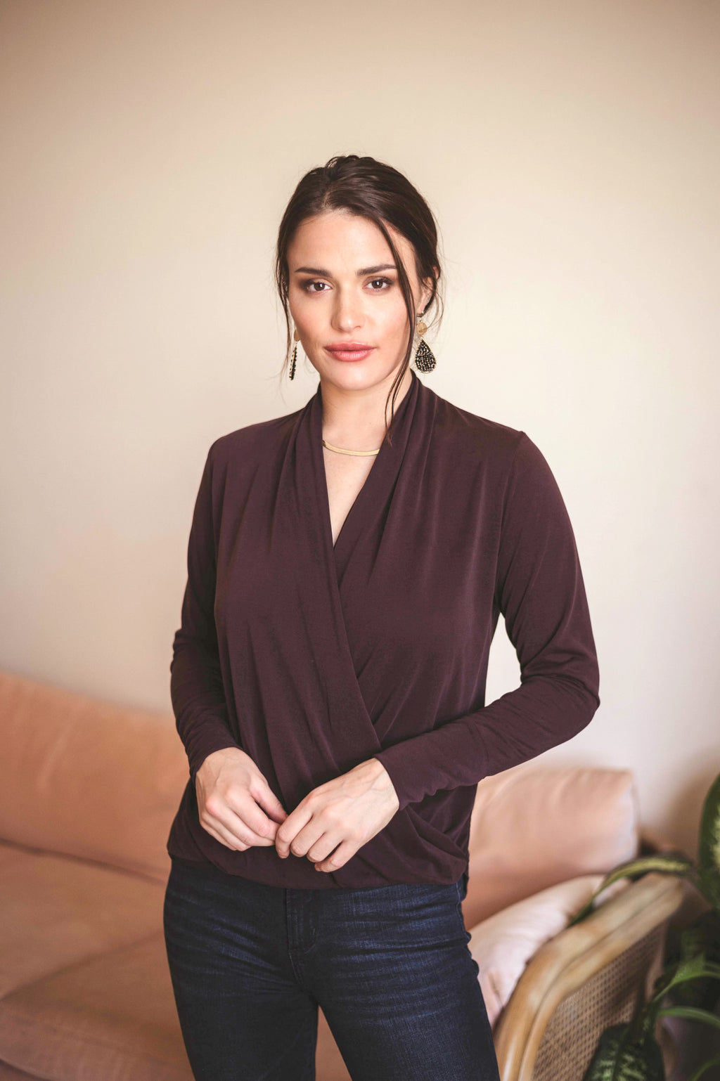 Dark Chocolate Cupro Draped Surplice Top