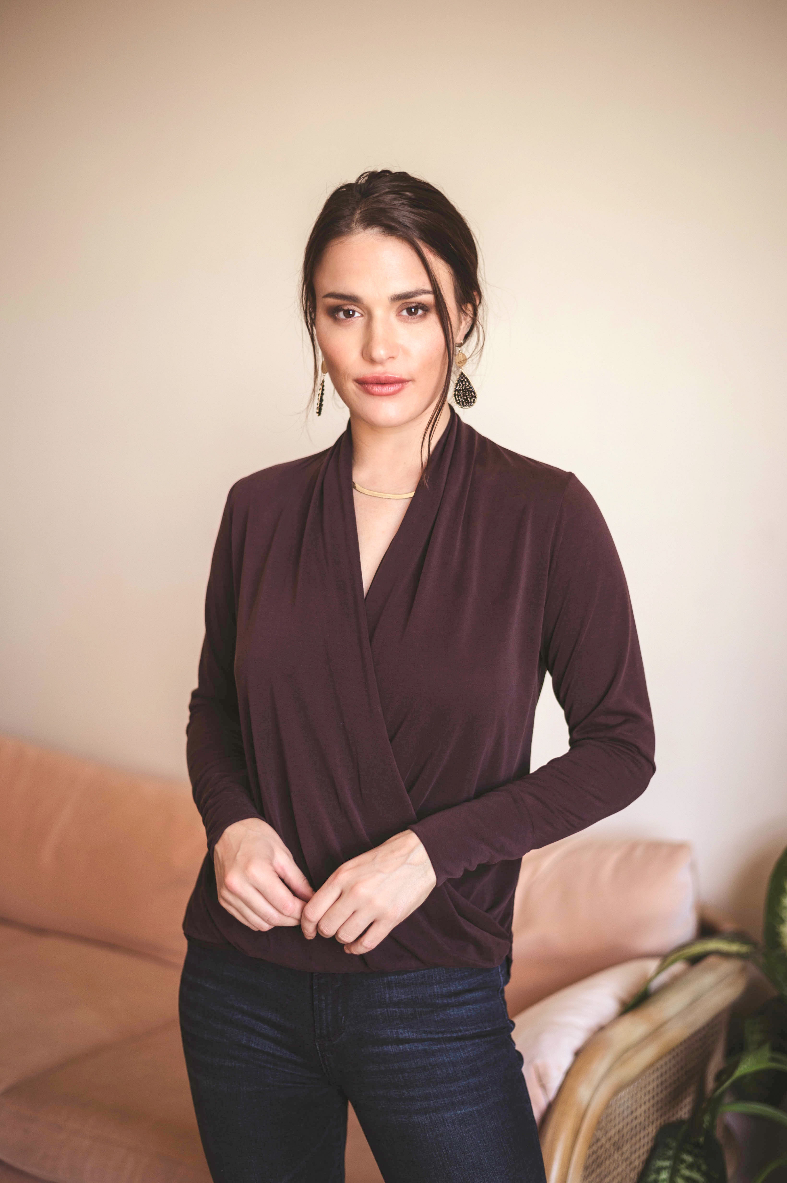 Dark Chocolate Cupro Draped Surplice Top