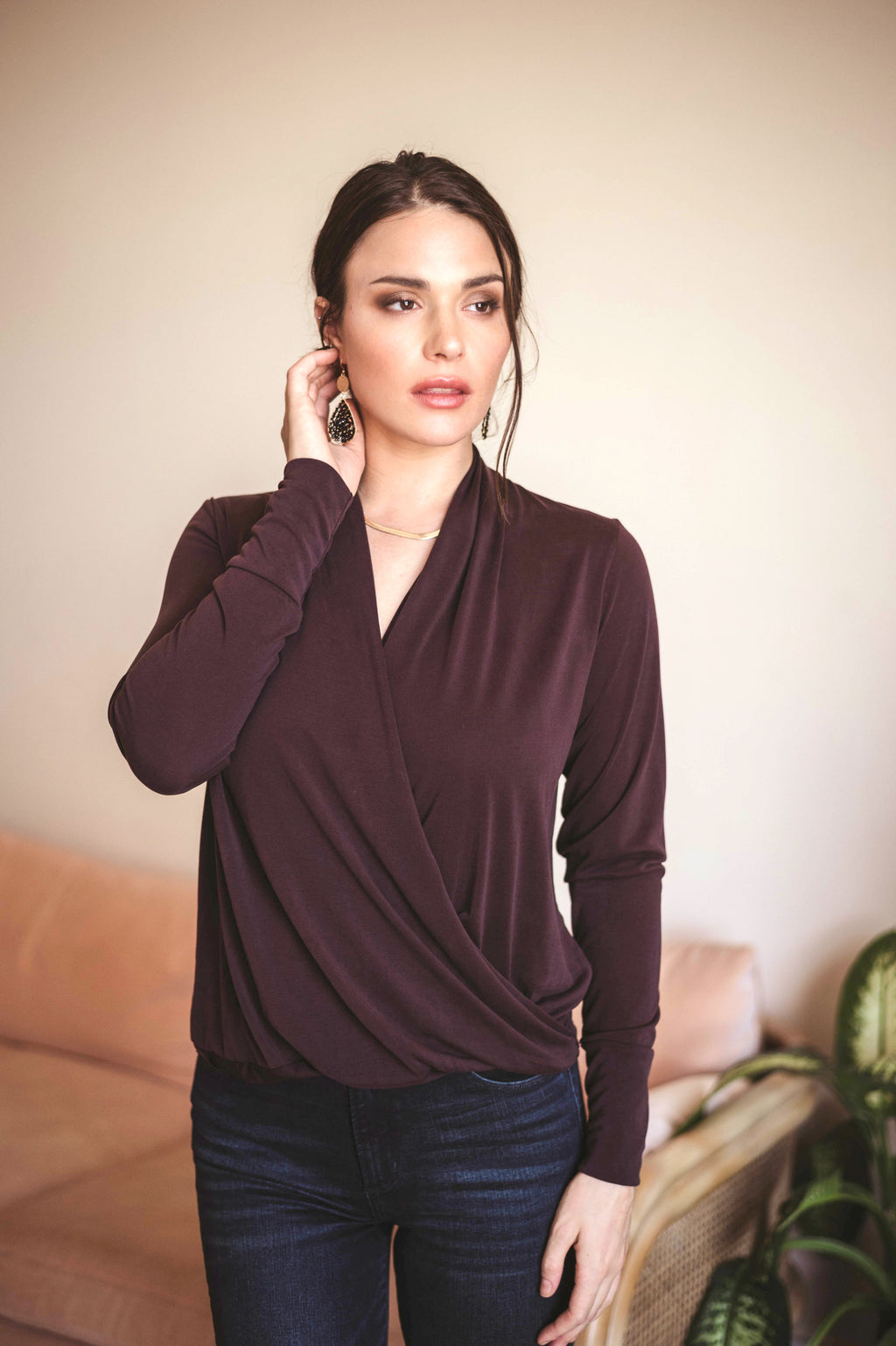 Dark Chocolate Cupro Draped Surplice Top