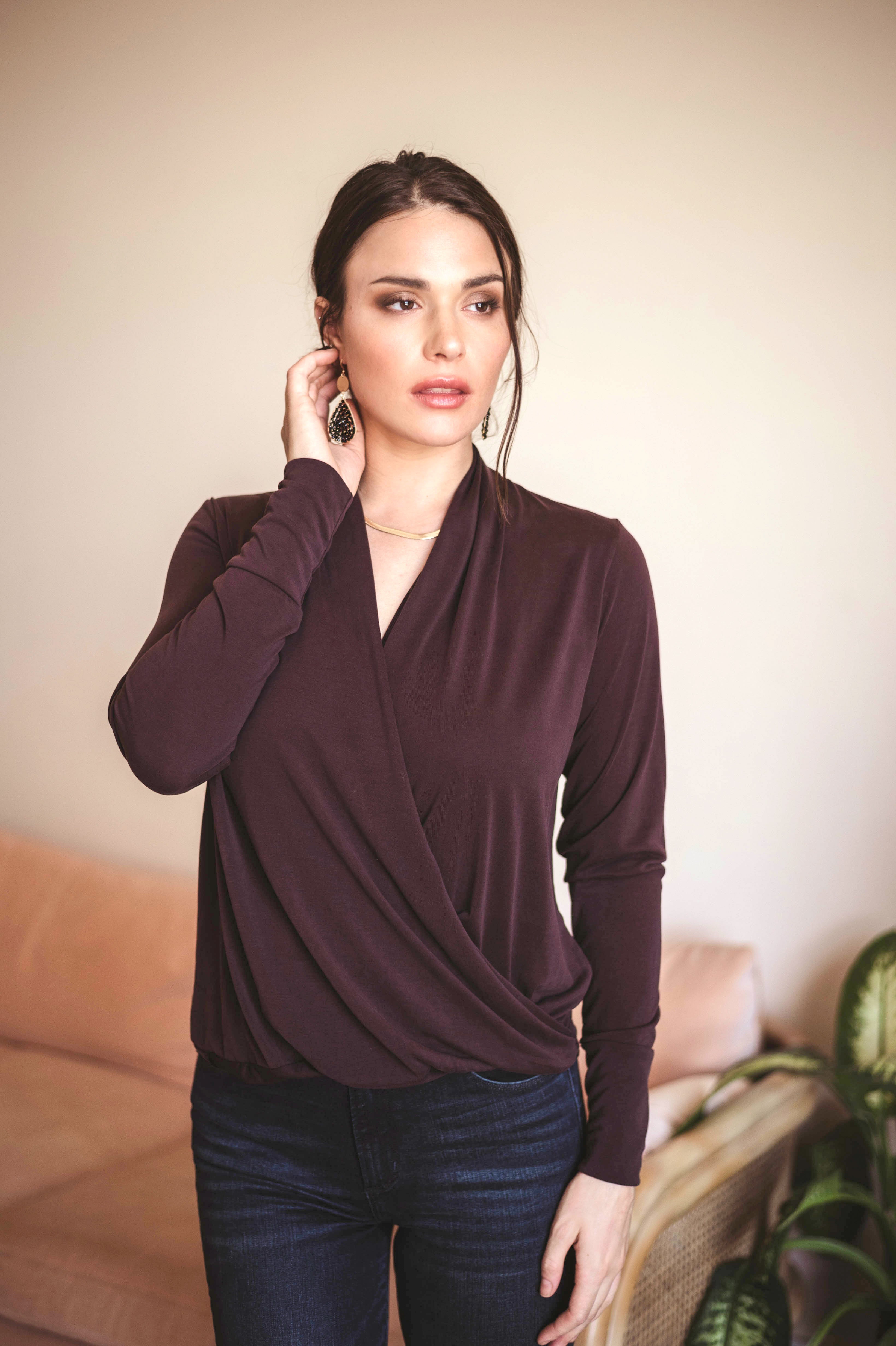 Dark Chocolate Cupro Draped Surplice Top