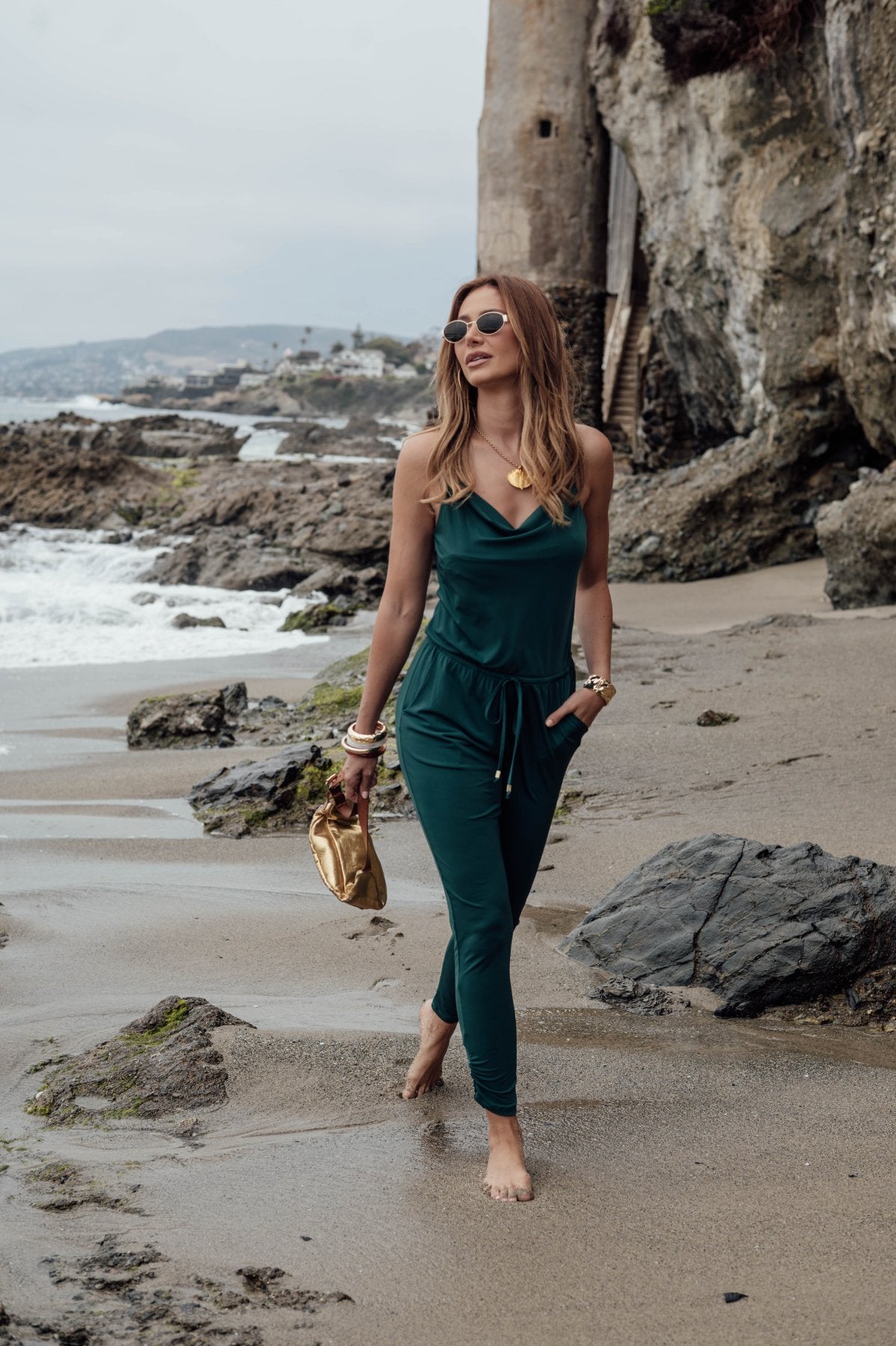Hunter Green Cowl Neck Stretch Jumpsuit