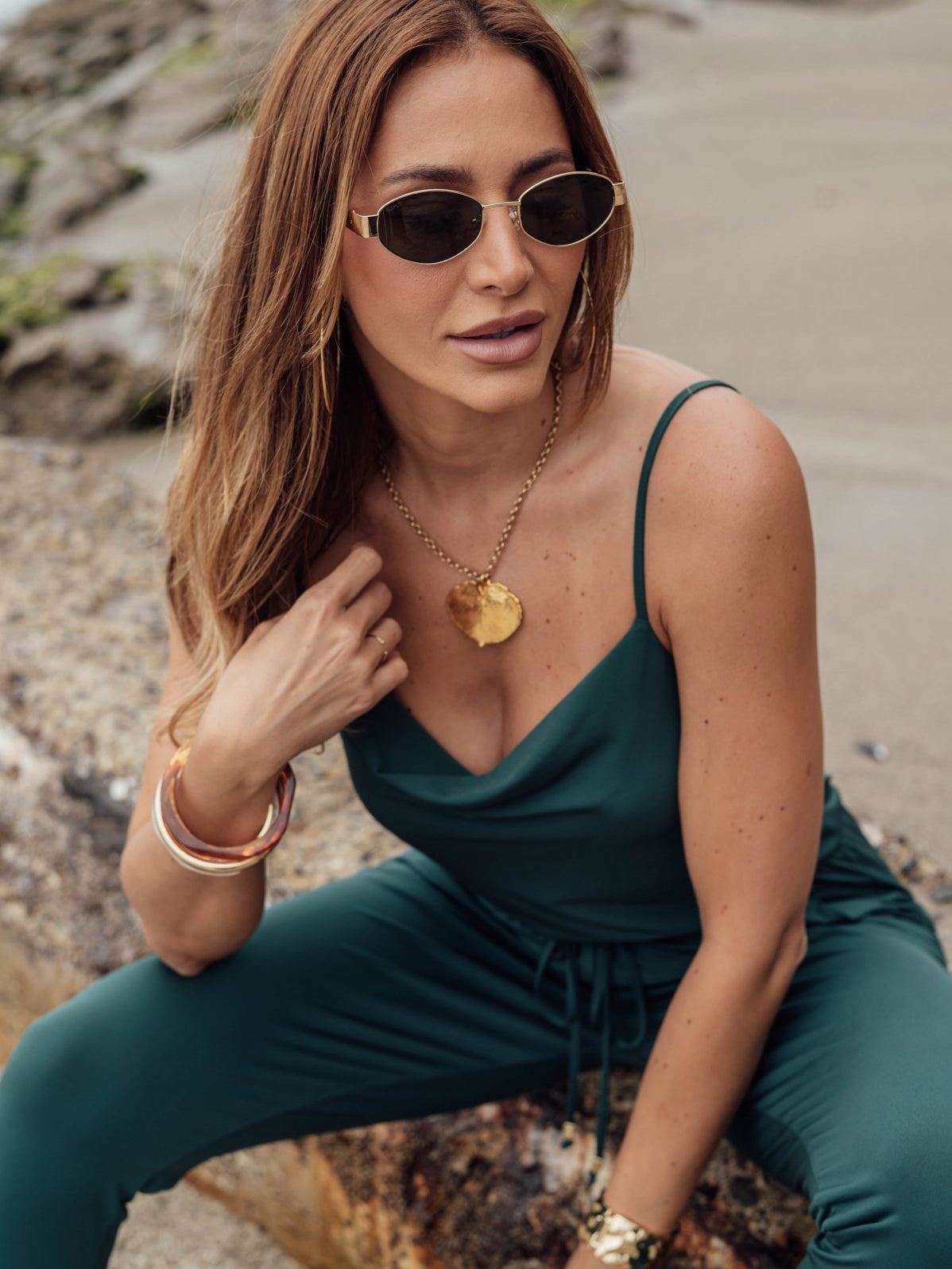 Hunter Green Cowl Neck Stretch Jumpsuit