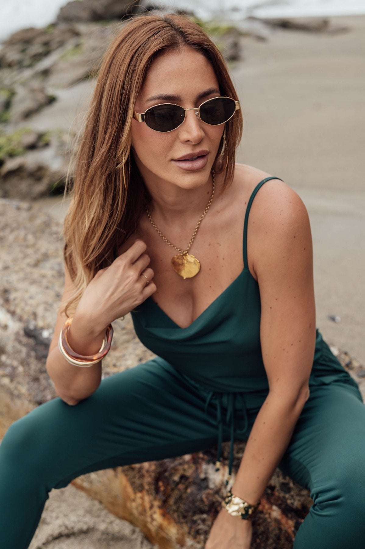 Hunter Green Cowl Neck Stretch Jumpsuit