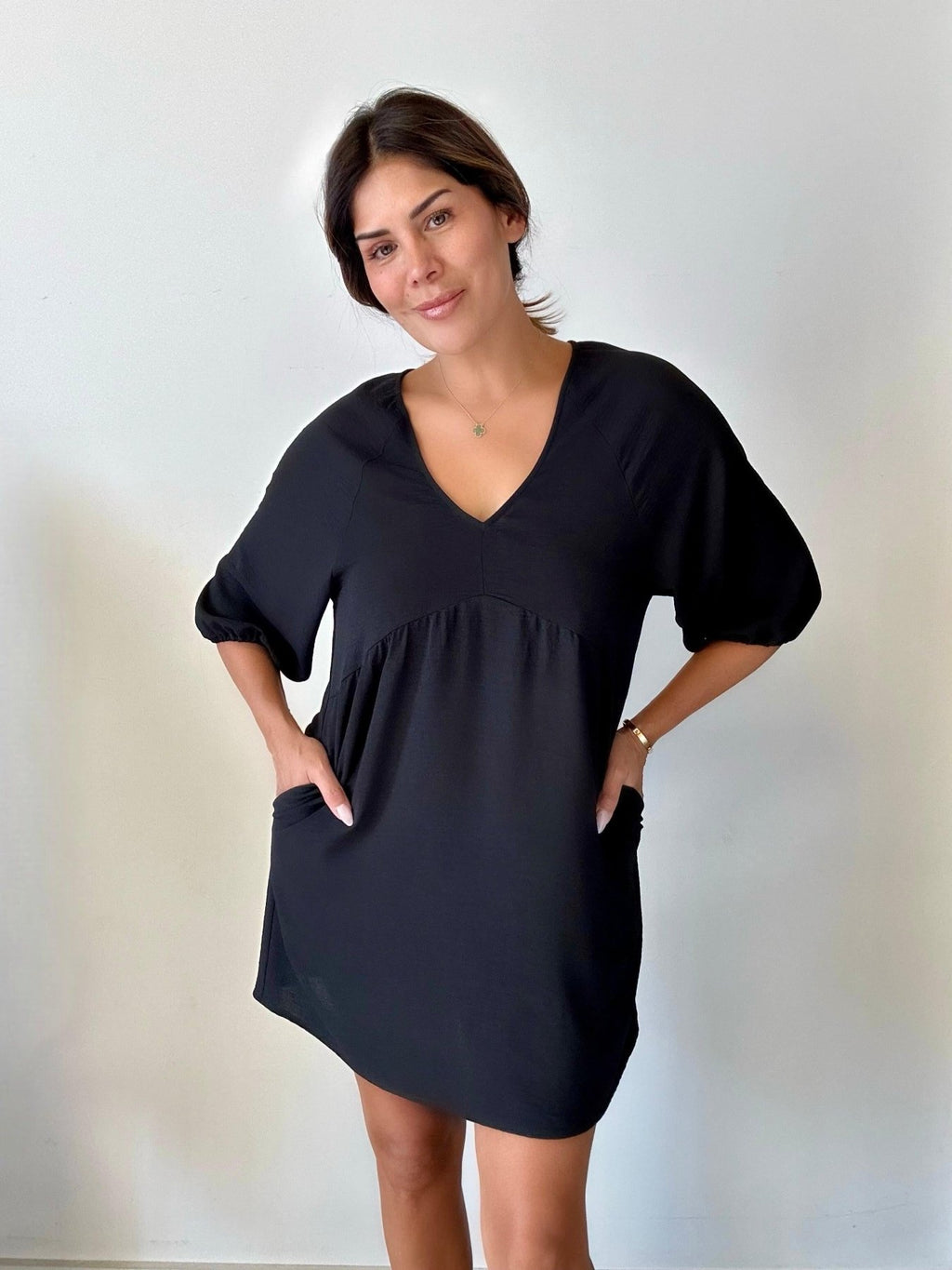 Black Airflow Empire Puff Sleeve Dress-FINAL SALE
