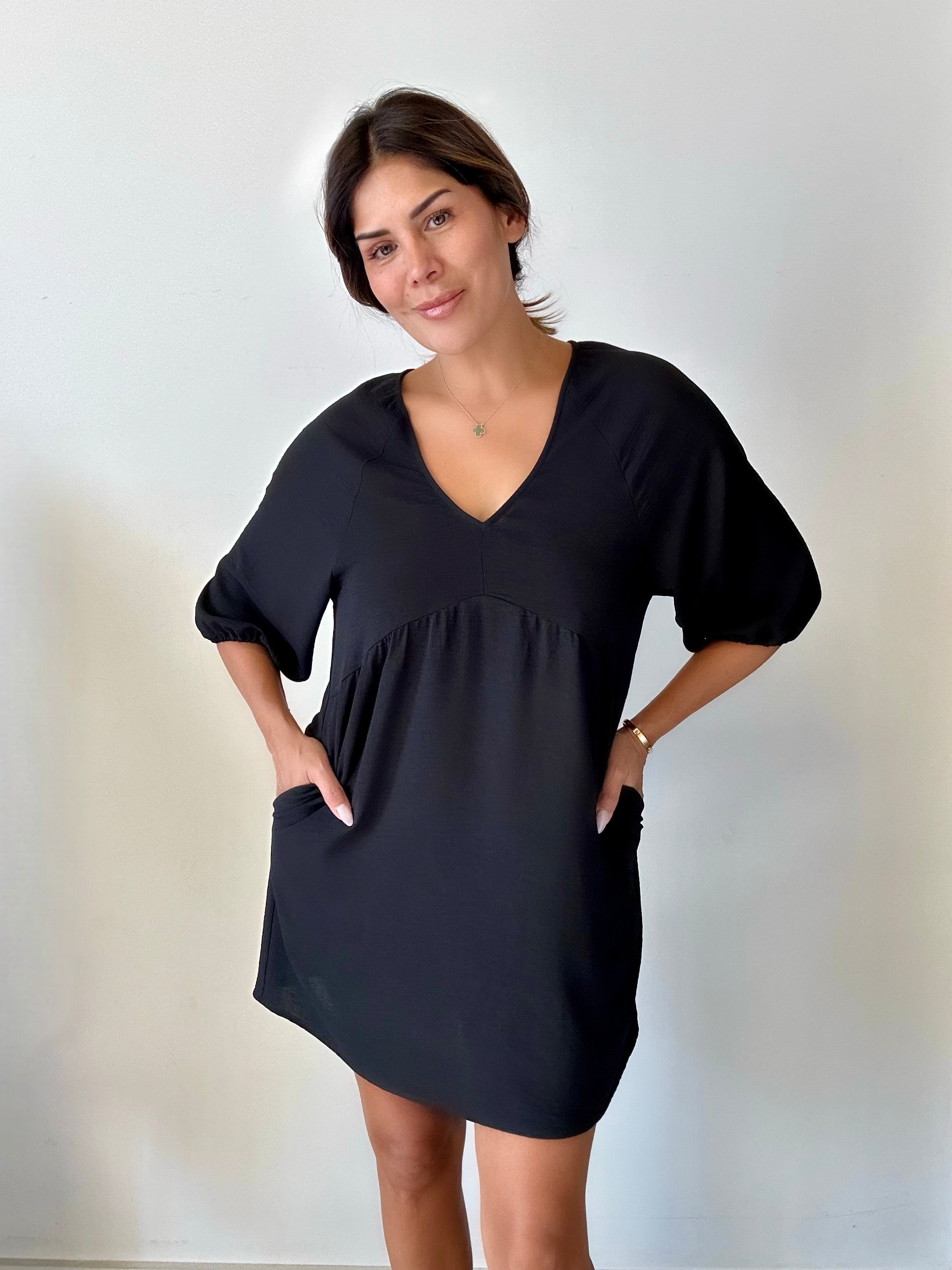 Black Airflow Empire Puff Sleeve Dress- FINAL SALE