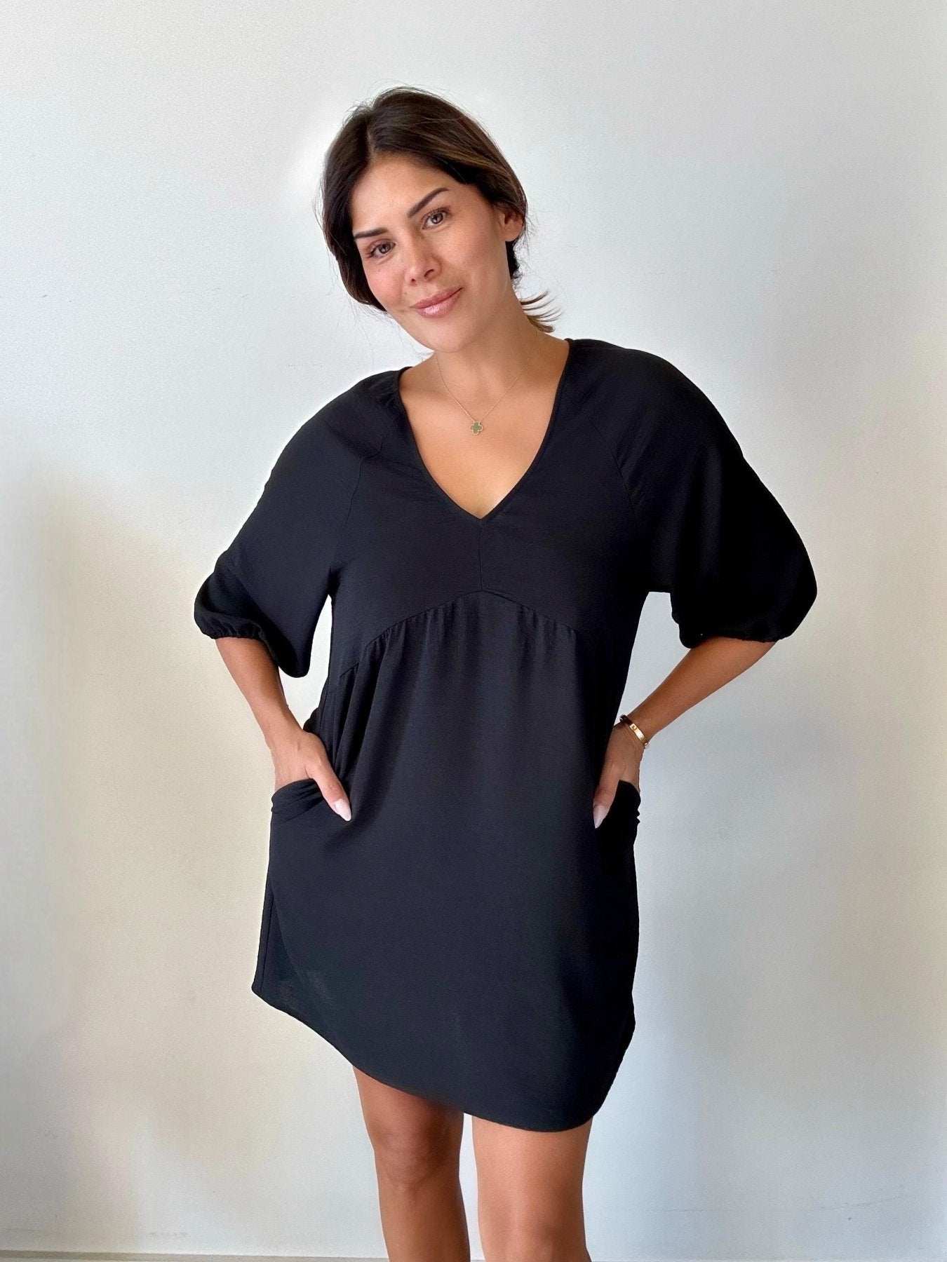Black Airflow Empire Puff Sleeve Dress-FINAL SALE