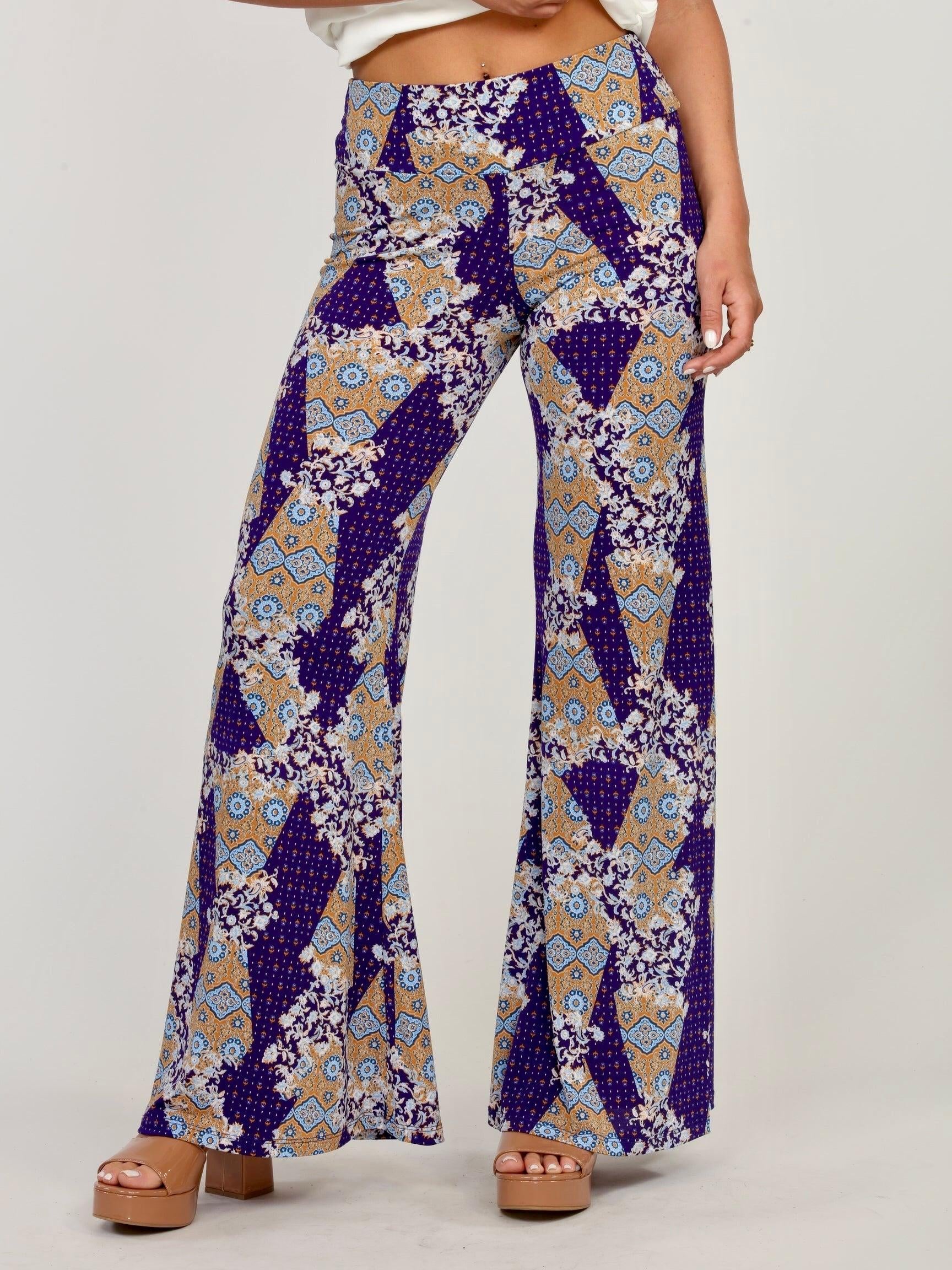multicolored, printed, wide-legged pants on woman