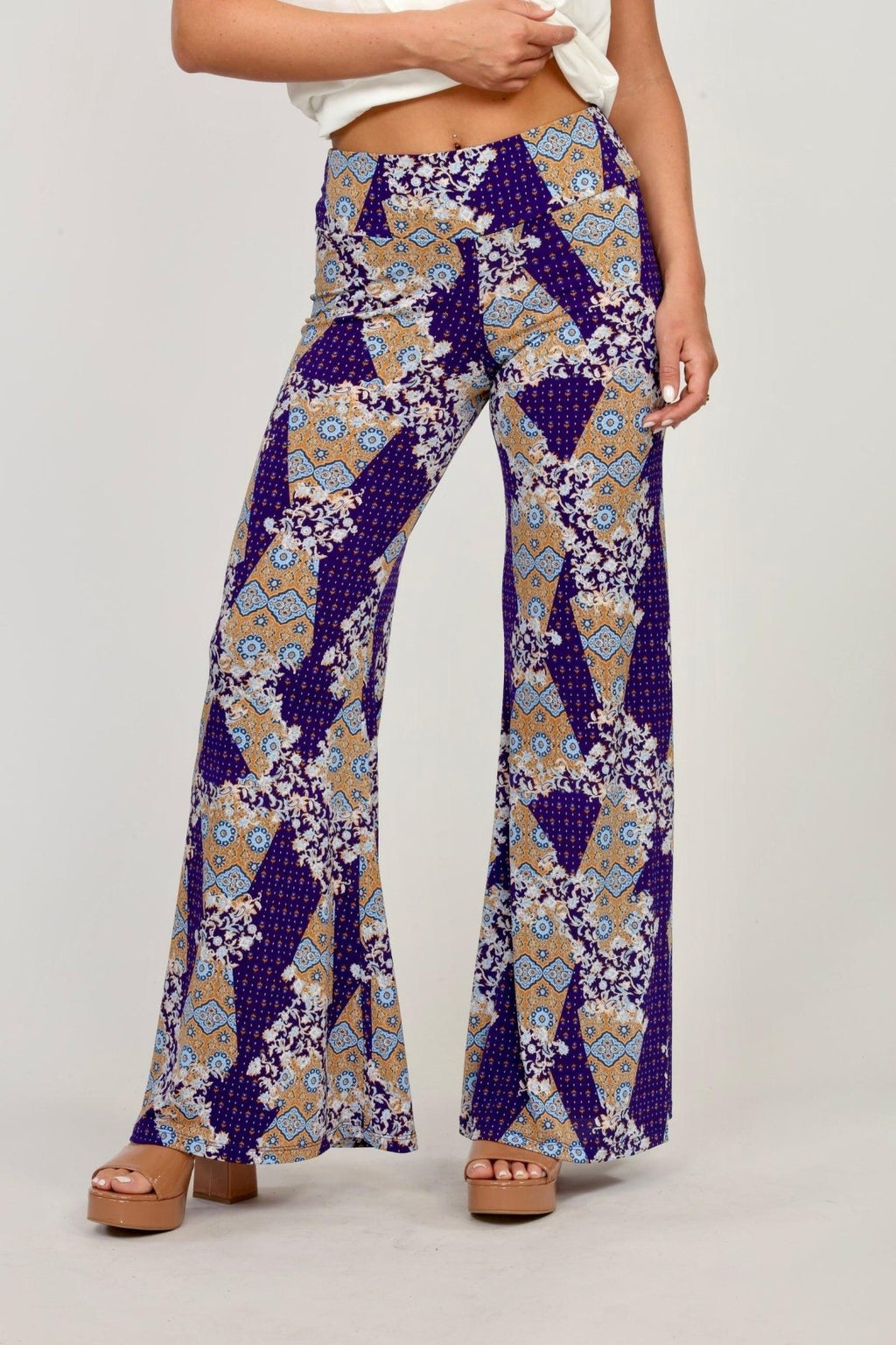 multicolored, printed, wide-legged pants on woman