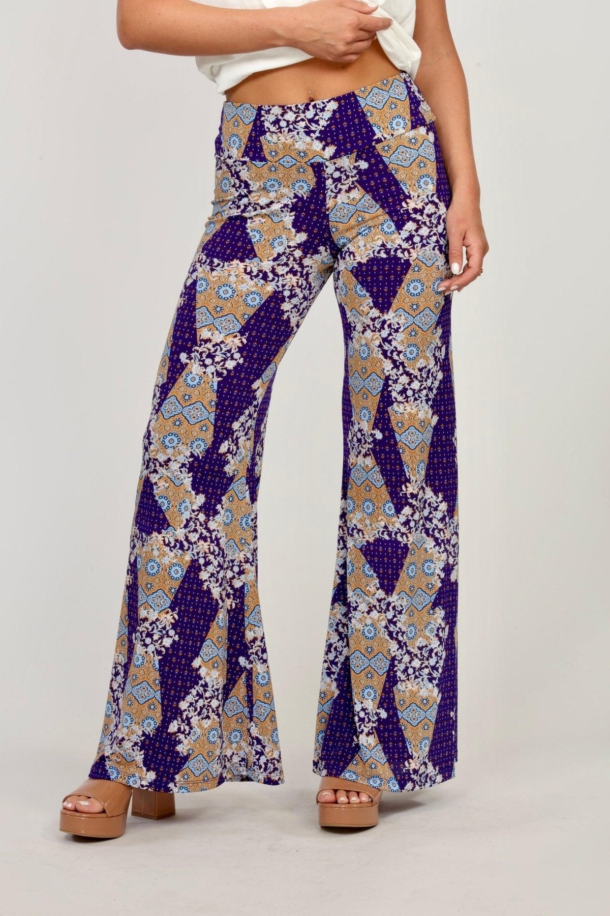 multicolored, printed, wide-legged pants on woman