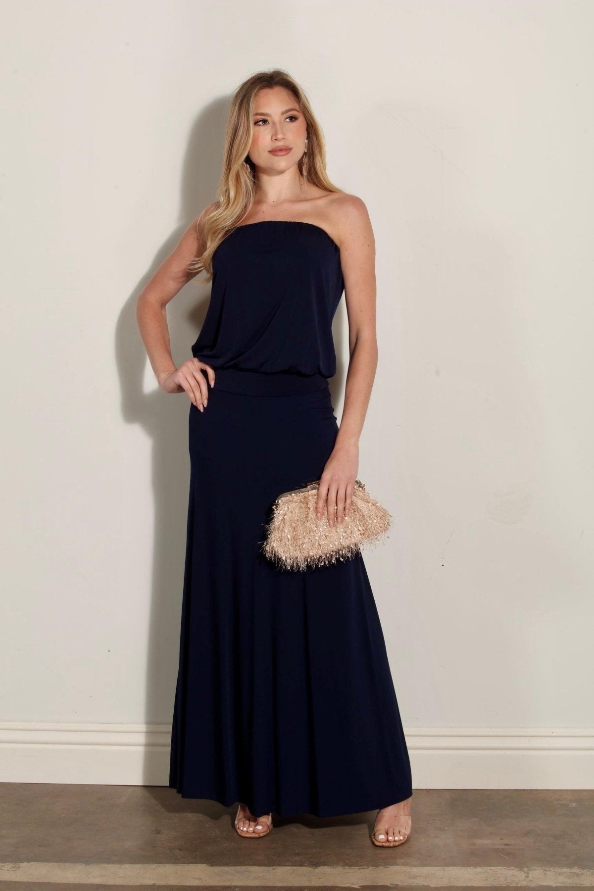 Navy Stretch Strapless Dropwaist Maxi Dress-BEST SELLER