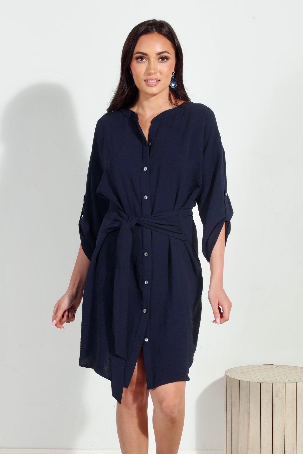Navy Airflow Front Tie Dress-FINAL SALE