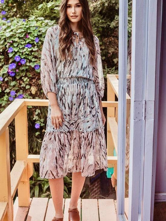 Titania Chiffon Long Sleeve Smocked Midi Dress-FINAL SALE