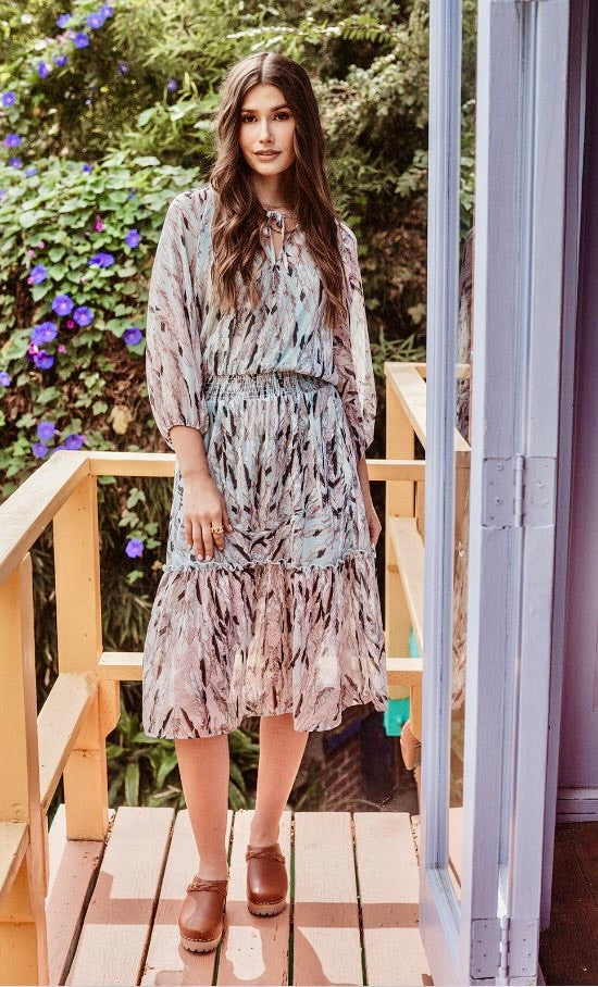 Titania Chiffon Long Sleeve Smocked Midi Dress-FINAL SALE