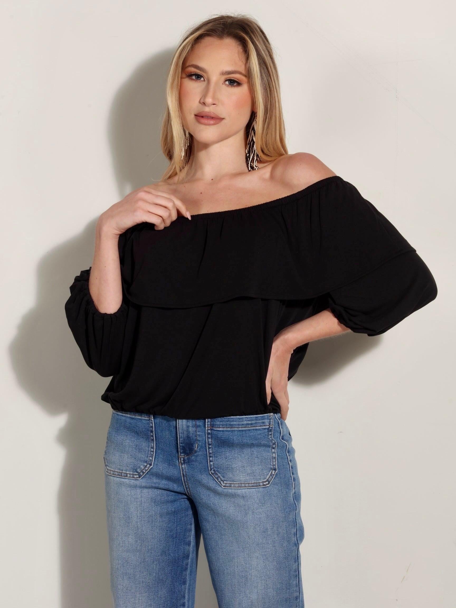 Black Cupro OTS Ruffle Top