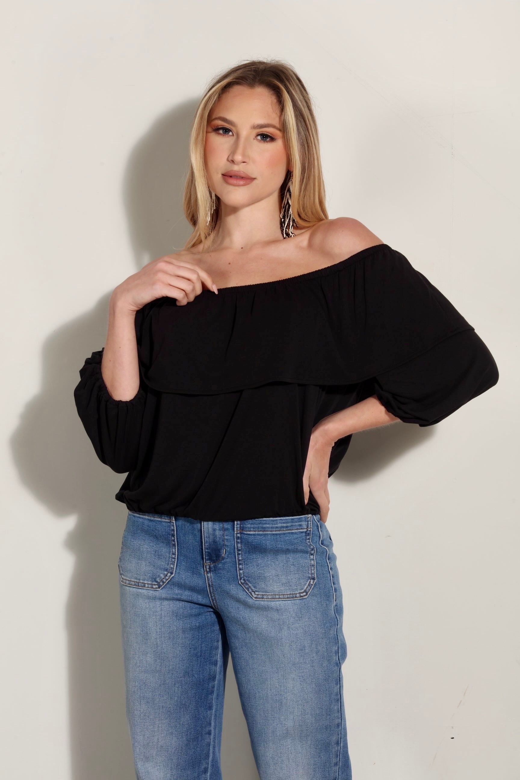 Black Cupro OTS Ruffle Top