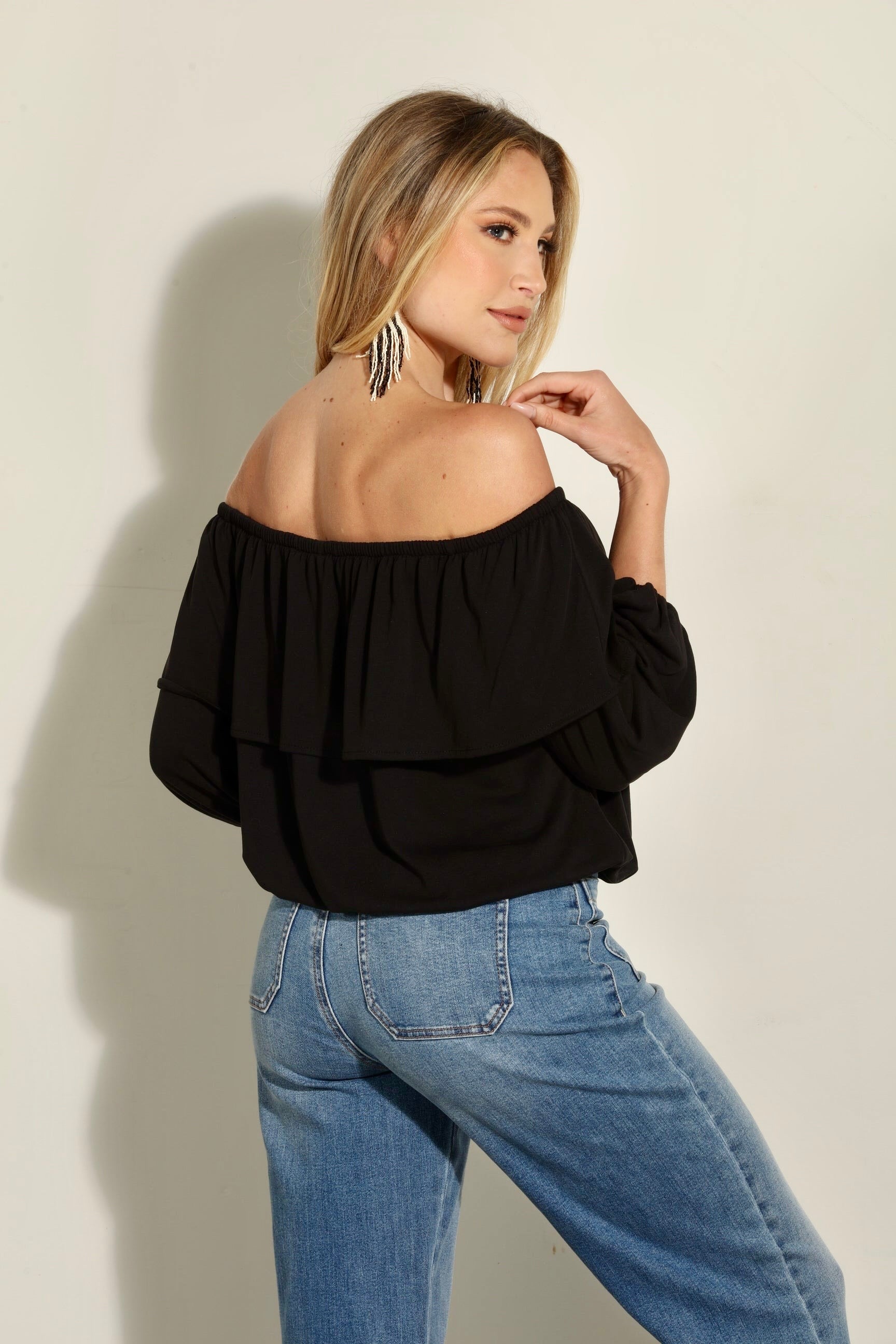 Black Cupro OTS Ruffle Top