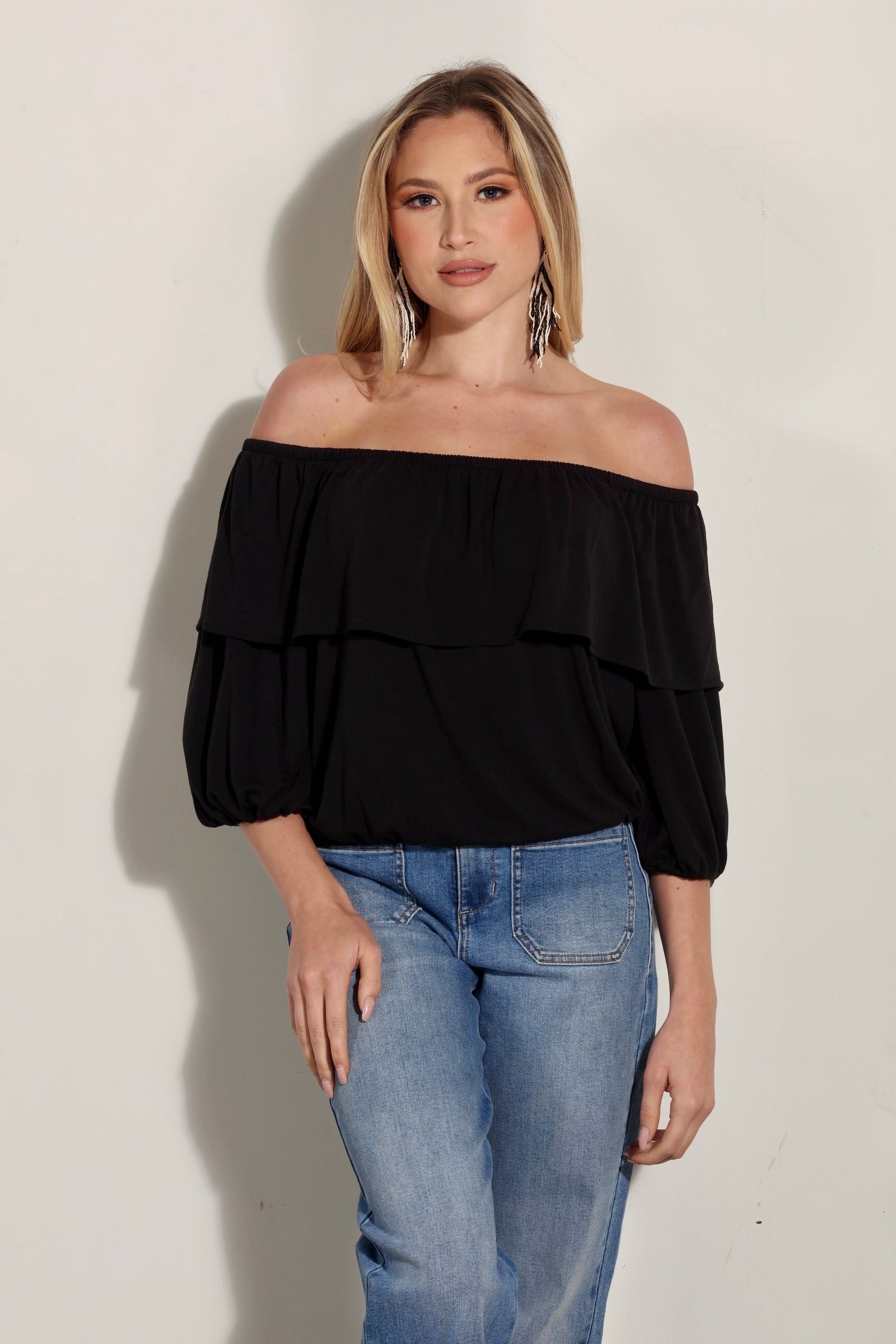 Black Cupro OTS Ruffle Top