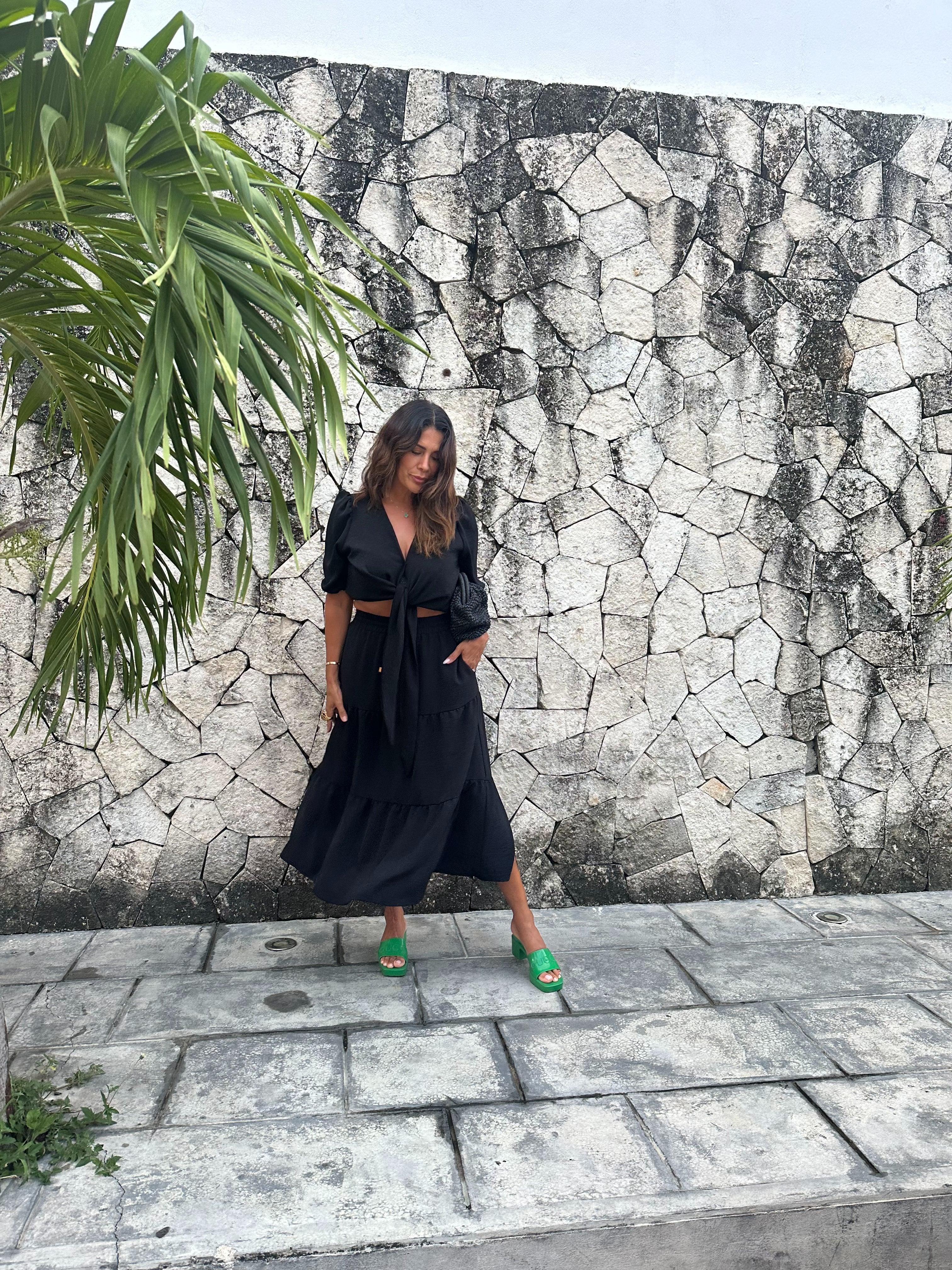 Black Airflow Cropped Blouse w/ Ties