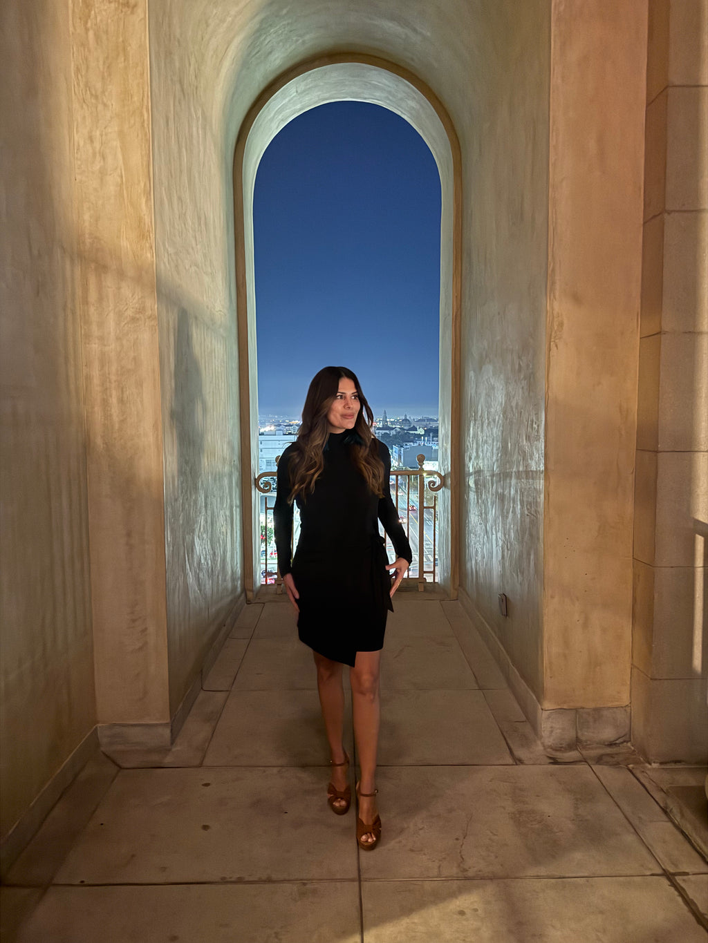 Black Stretch Turtleneck Faux Wrap Dress