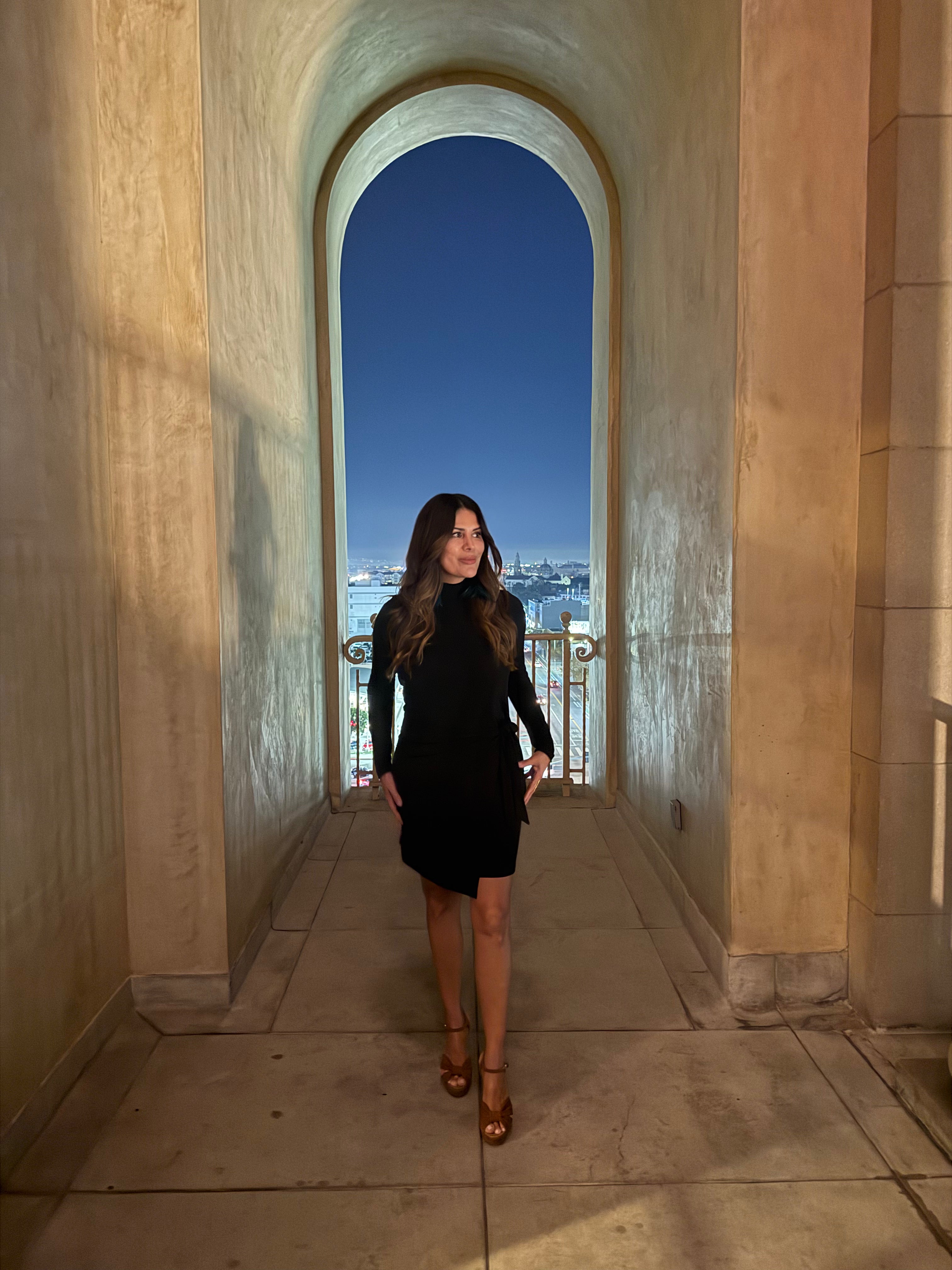 Black Stretch Turtleneck Faux Wrap Dress