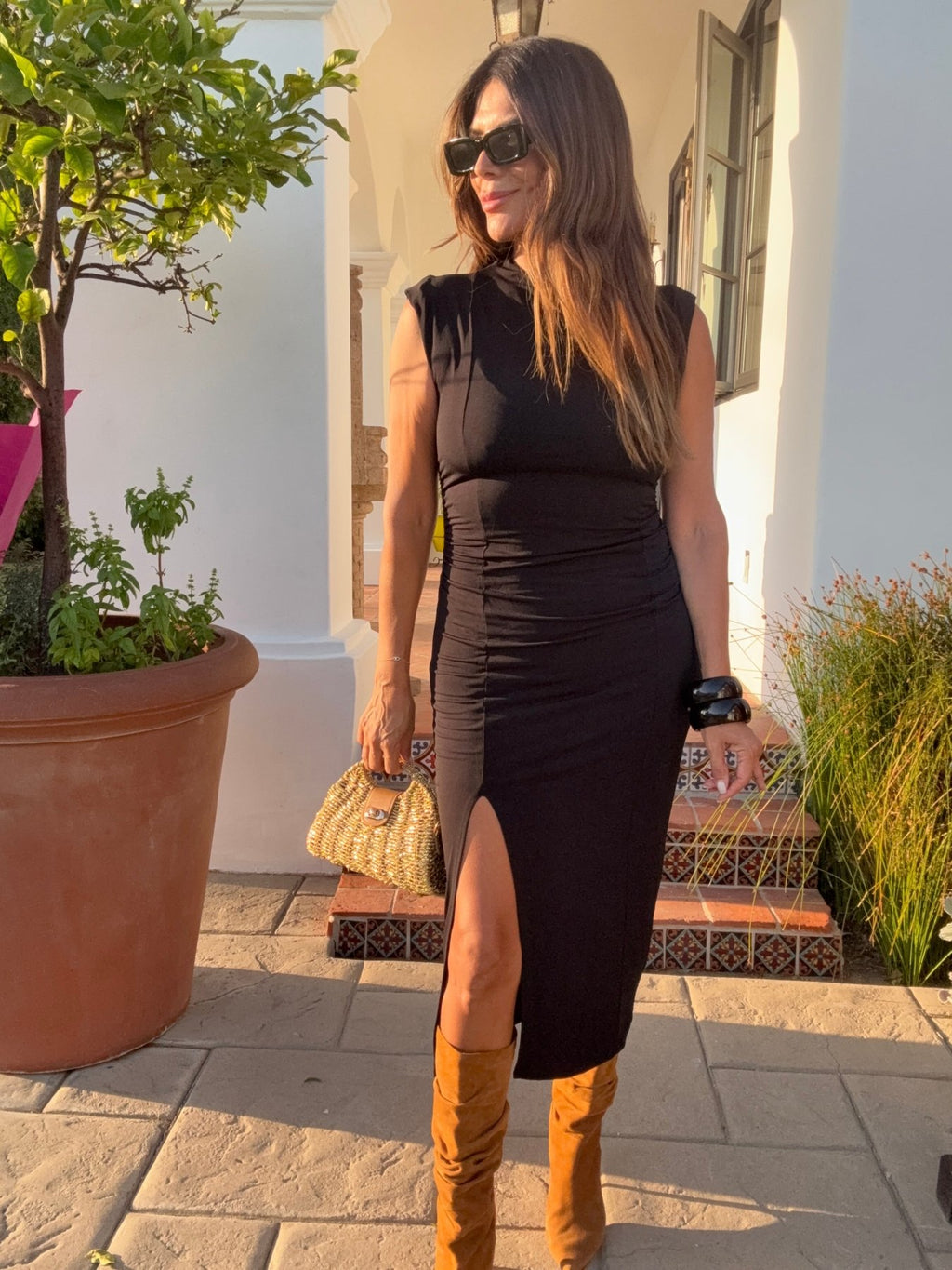 Black Stretch Mock Neck Midi Dress