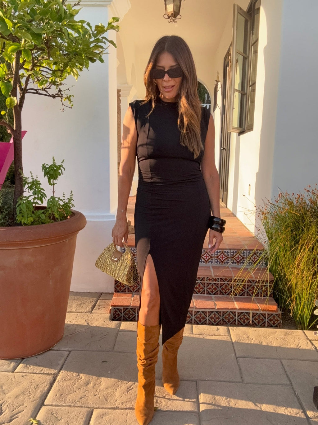 Black Stretch Mock Neck Midi Dress