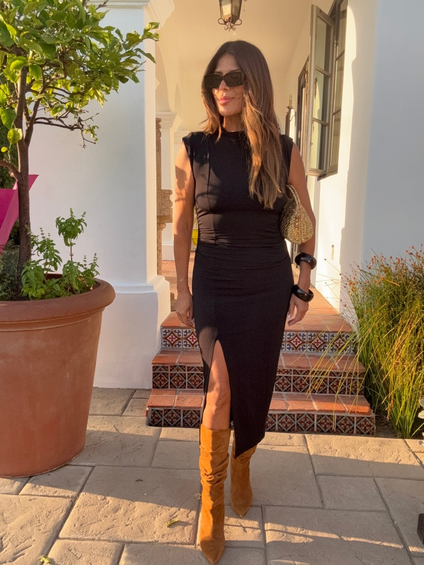 Black Stretch Mock Neck Midi Dress