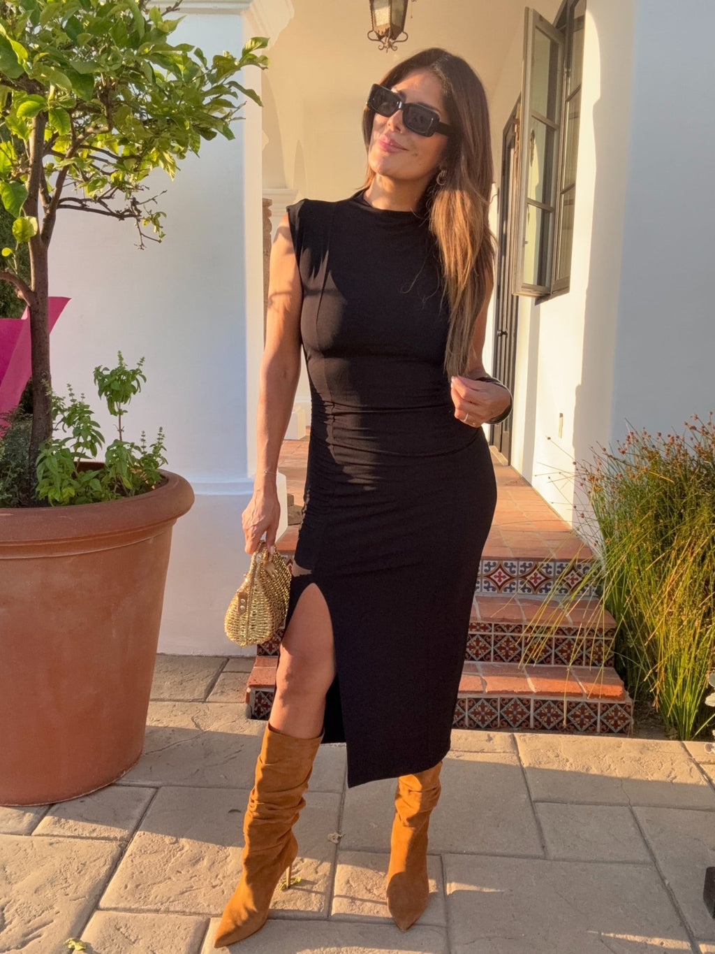 Black Stretch Mock Neck Midi Dress