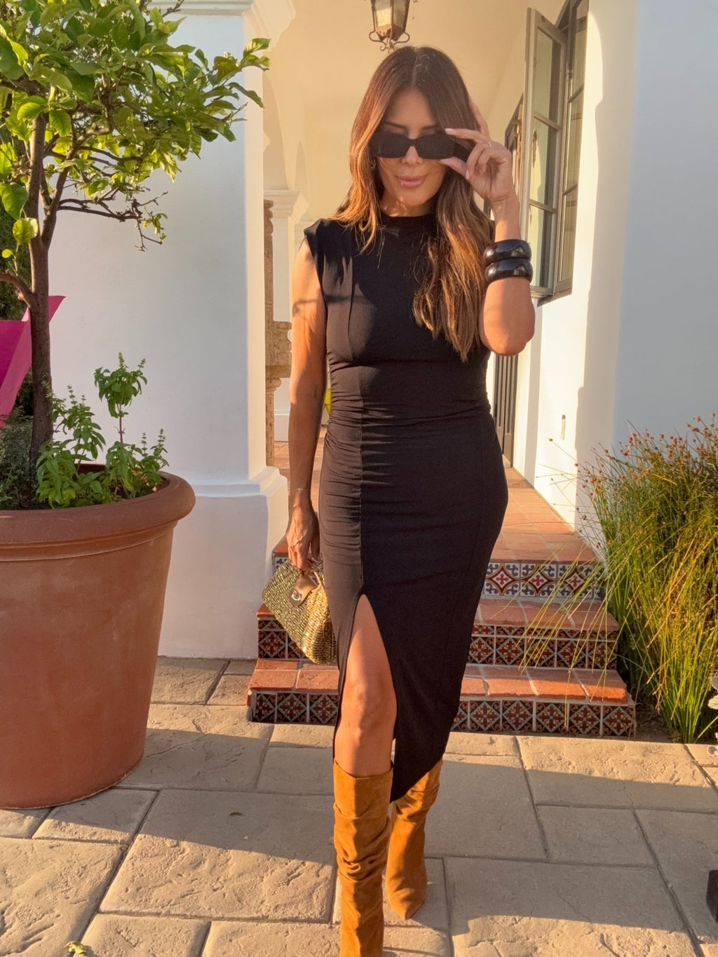 Black Stretch Mock Neck Midi Dress