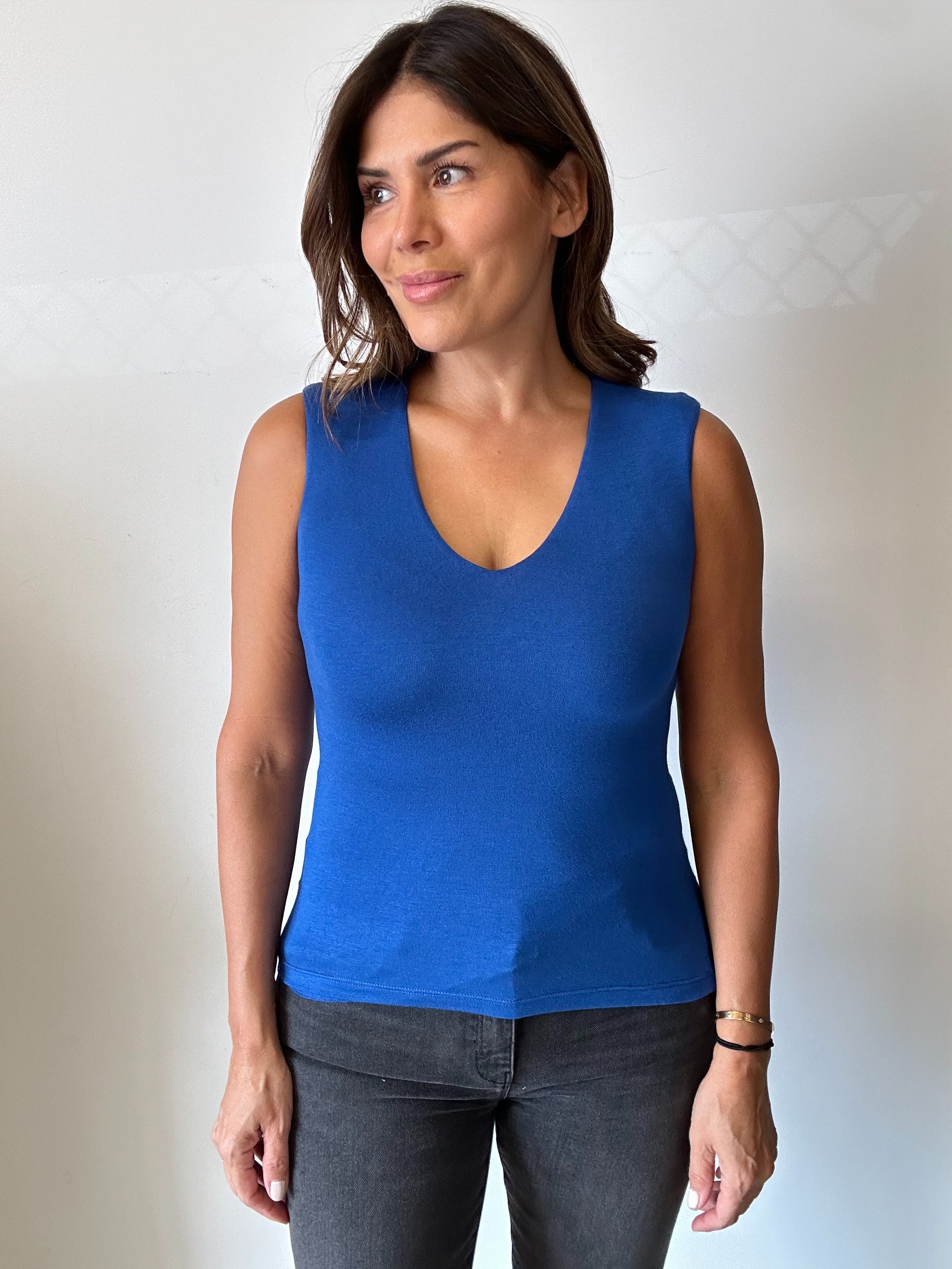 Jersey Lined Mom Cropped Tee- Cobalt