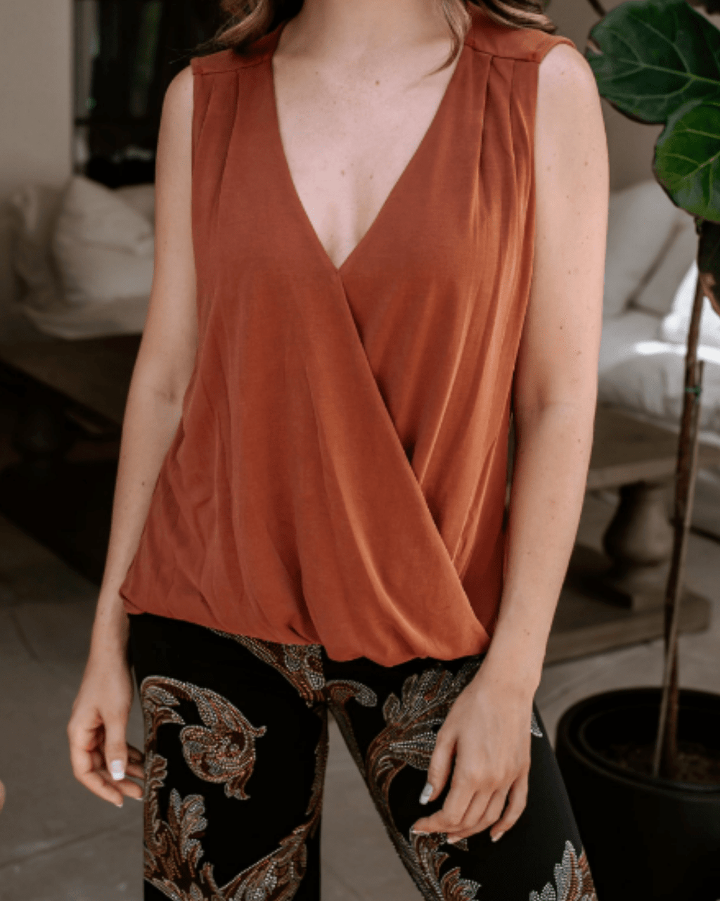 The Everyday Cupro Surplice Tank - Rust