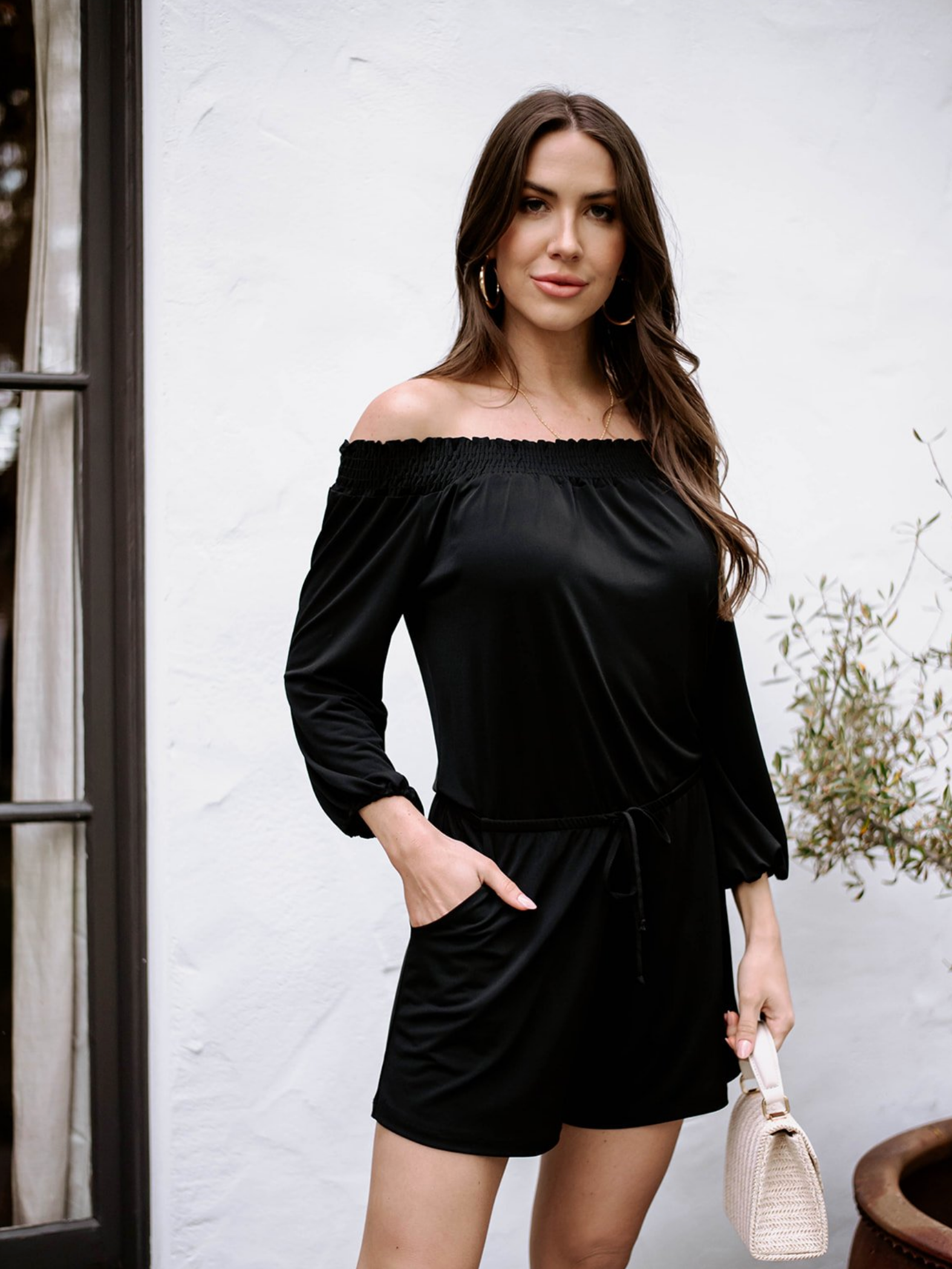 Black Stretch Smocked OTS Romper-BEST SELLER