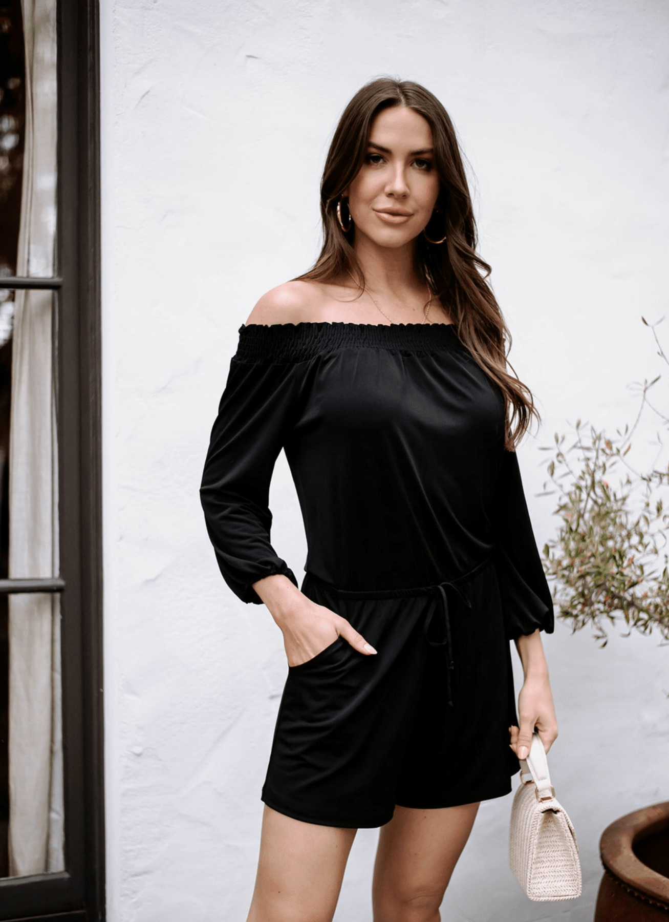 Black Stretch Smocked OTS Romper-BEST SELLER