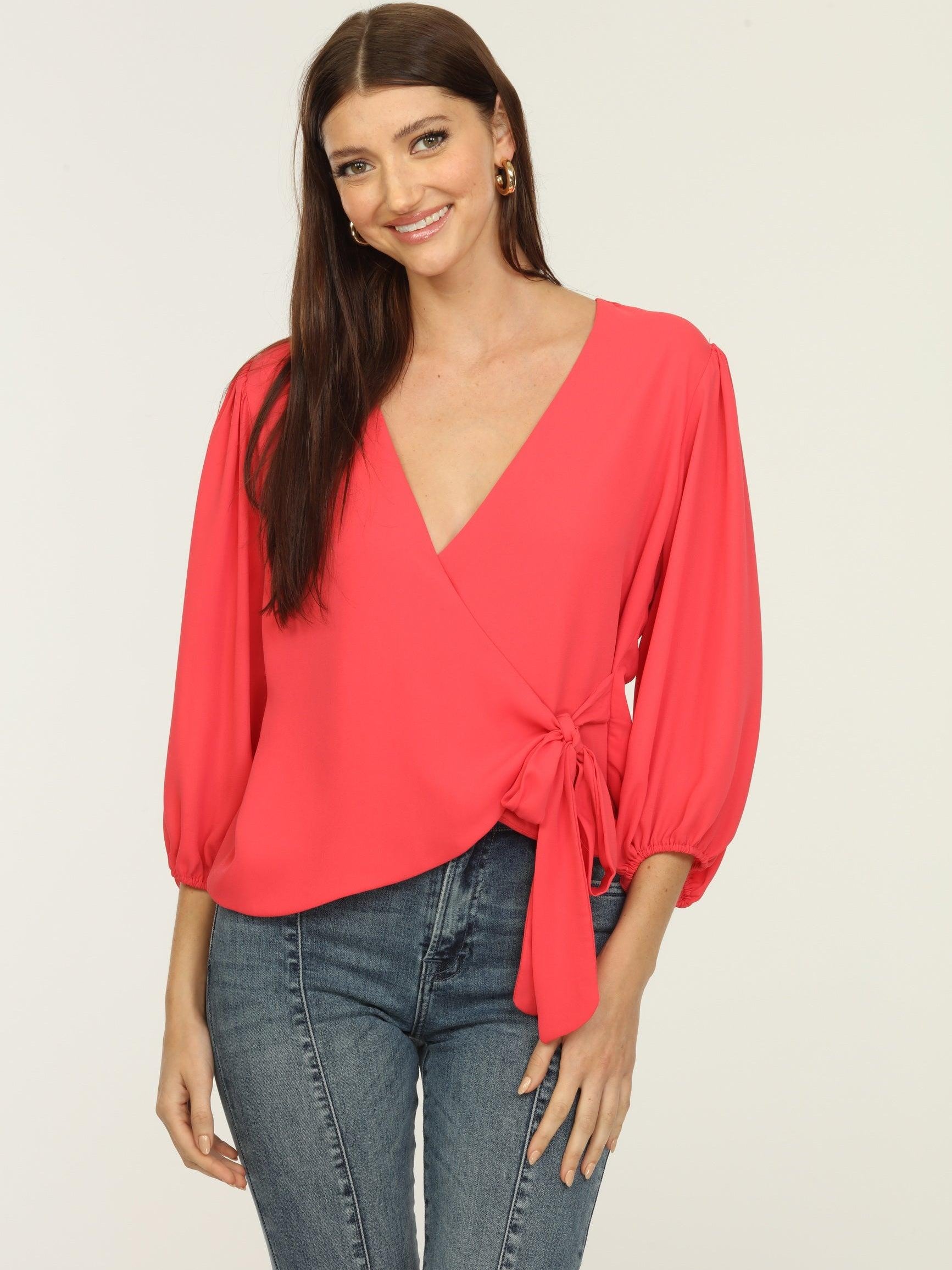 Coral Bubble Sleeve Wrap Blouse-FINAL SALE
