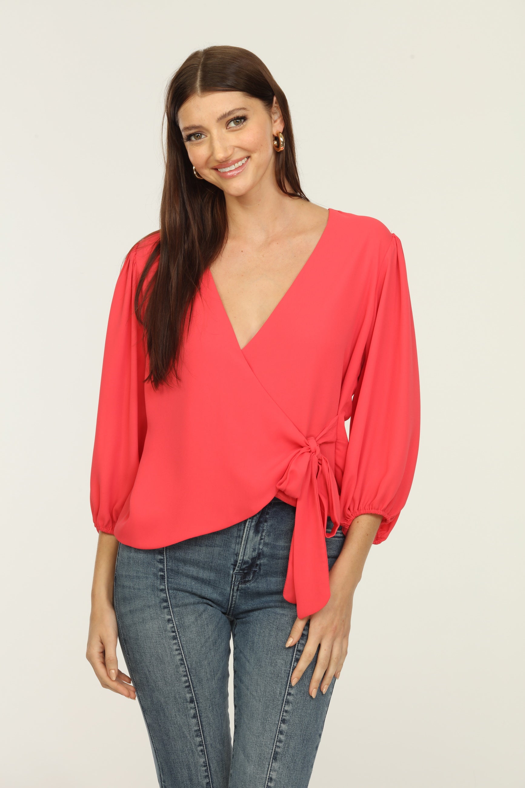 Coral Bubble Sleeve Wrap Blouse-FINAL SALE